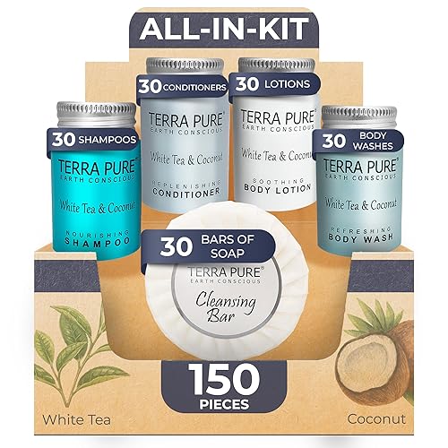 Terra Pure White Tea & Coconut Toiletries Set | 1-Shoppe Amenities Kit | 1oz Shampoo & Conditioner, Body Wash, Lotion, 1.25oz Bar Soap | Travel Size | Beauty & Personal Care Terra Pure