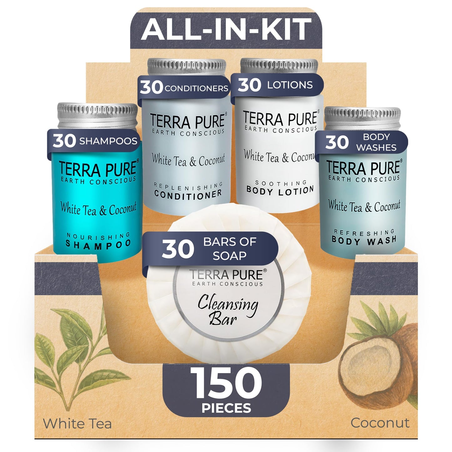 Terra Pure White Tea & Coconut Toiletries Set | 1-Shoppe Amenities Kit | 1oz Shampoo & Conditioner, Body Wash, Lotion, 1.25oz Bar Soap | Travel Size | Beauty & Personal Care Terra Pure