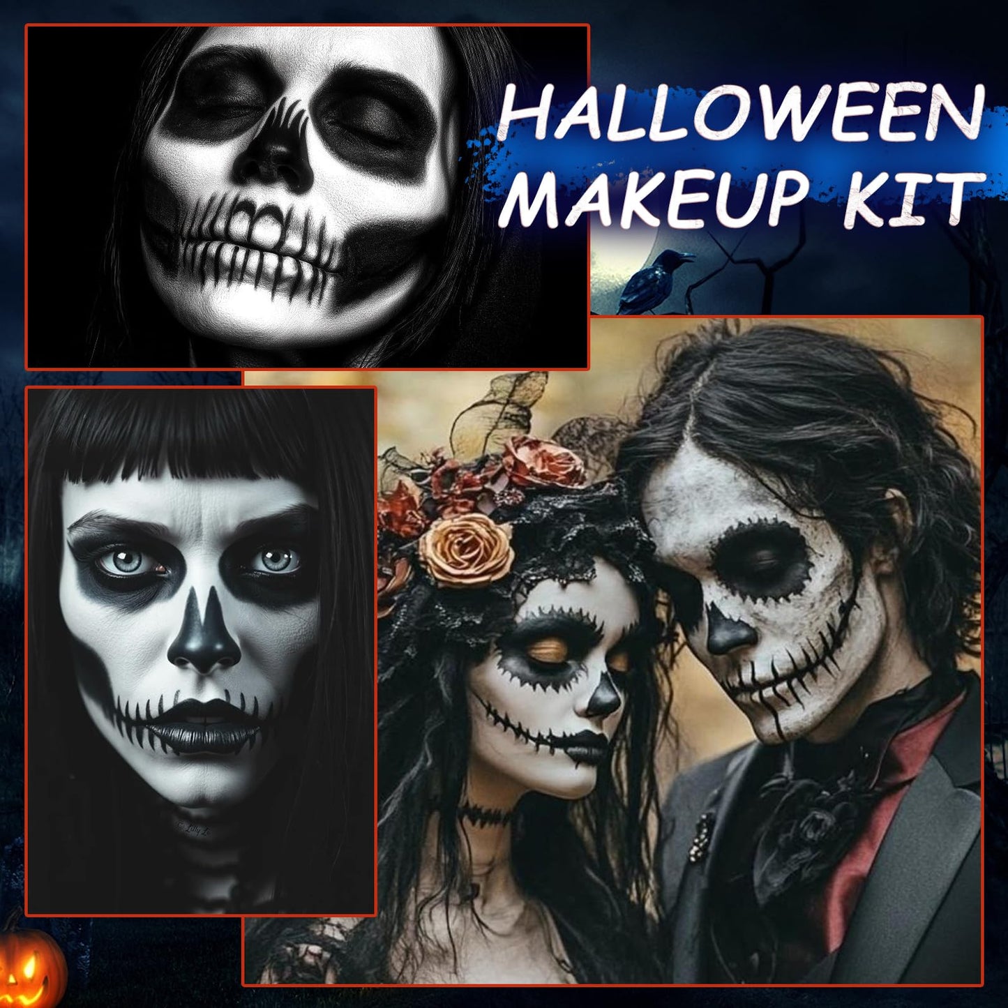 Halloween Skeleton Makeup, Complete Skeleton/Skull Makeup Kit Face Paint SFX Character Set With 1 Brush&3 Sponges, for Clown, Art Cosplay Party Beauty & Personal Care VPCRT6
