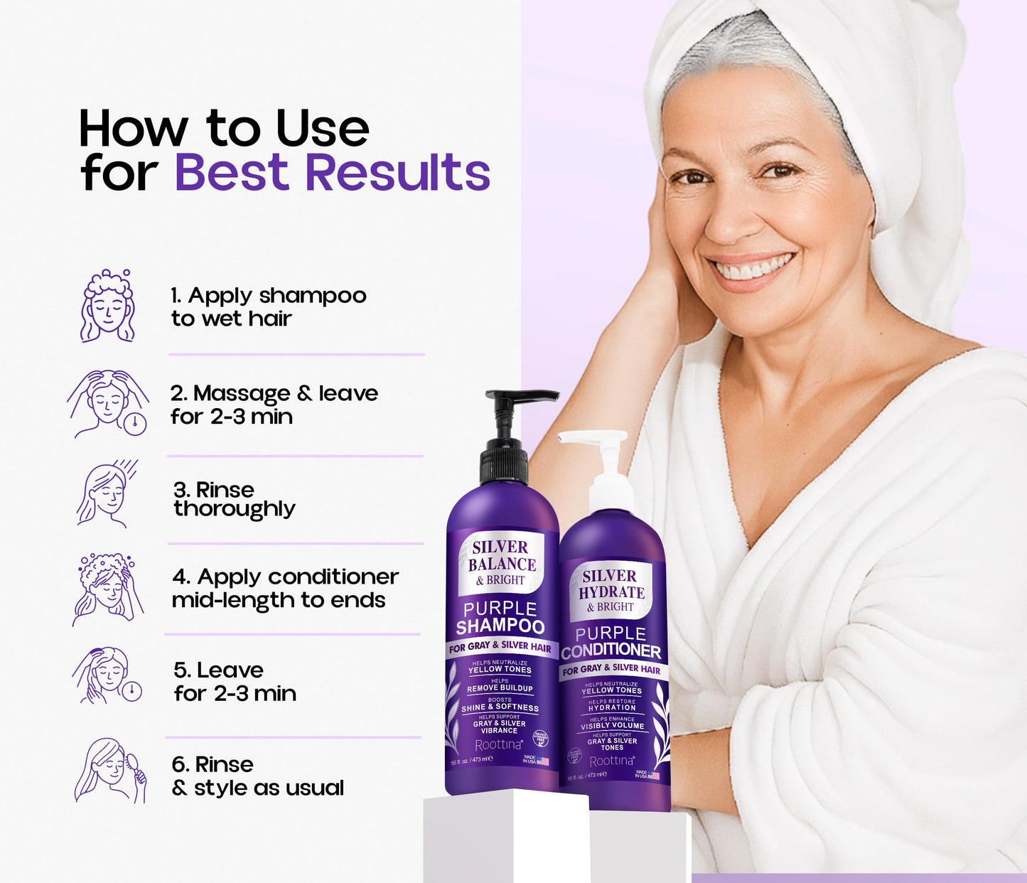 ROOTTINA Sulfate Free Brass Toning Purple Shampoo and Conditioner Set for Grey and Silver Hair, Moisturizing & Color-Safe, Enhances Shine Beauty & Personal Care Roottina