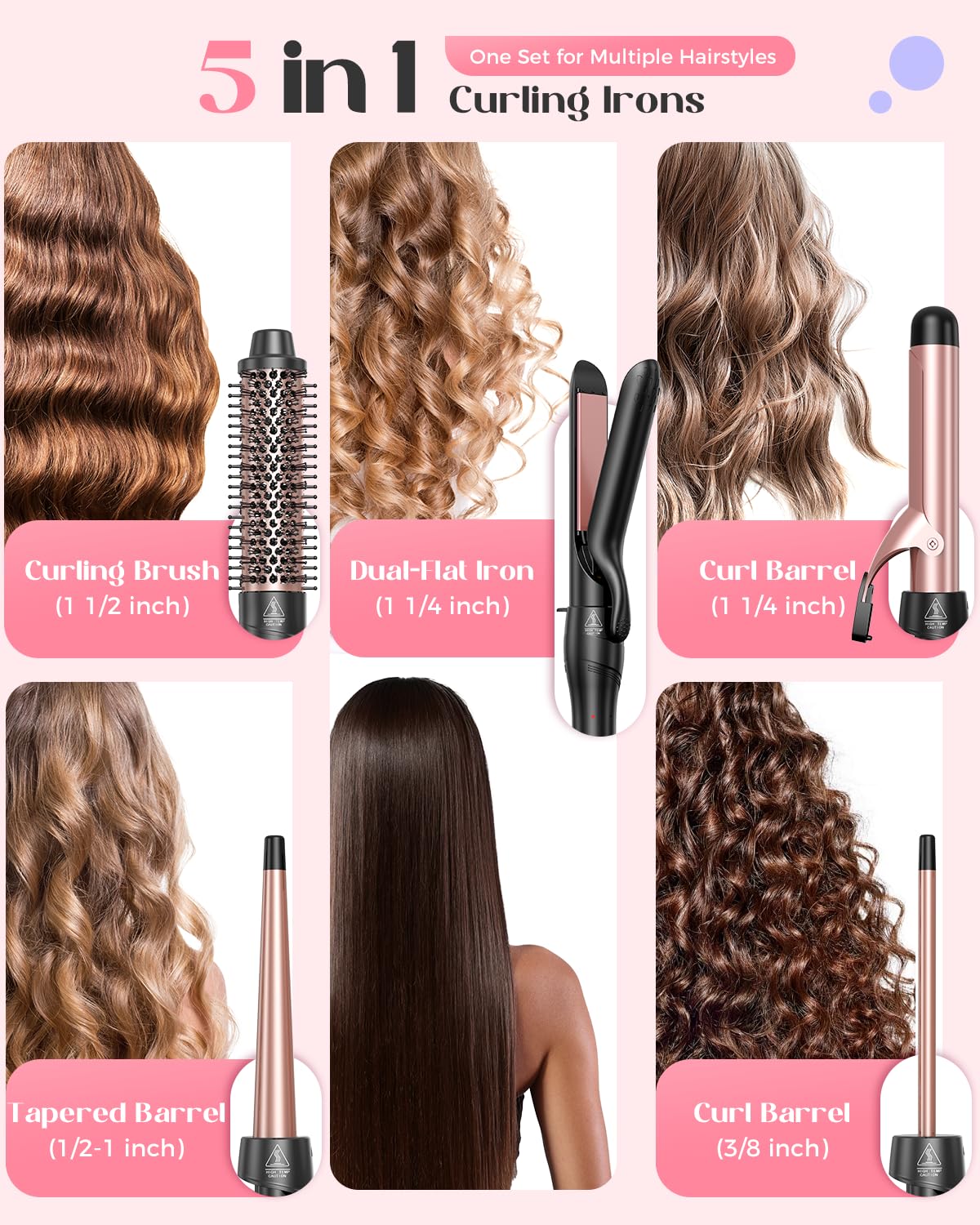 Lopeie 5 in 1 Curling Iron with Thermal Brush and 4 Interchangeable Ceramic Barrels(1/2 to 1 1/2 inch), Curling Wand Set with Flat Iron, Fast Heating Beauty and Personal Care Lopeie