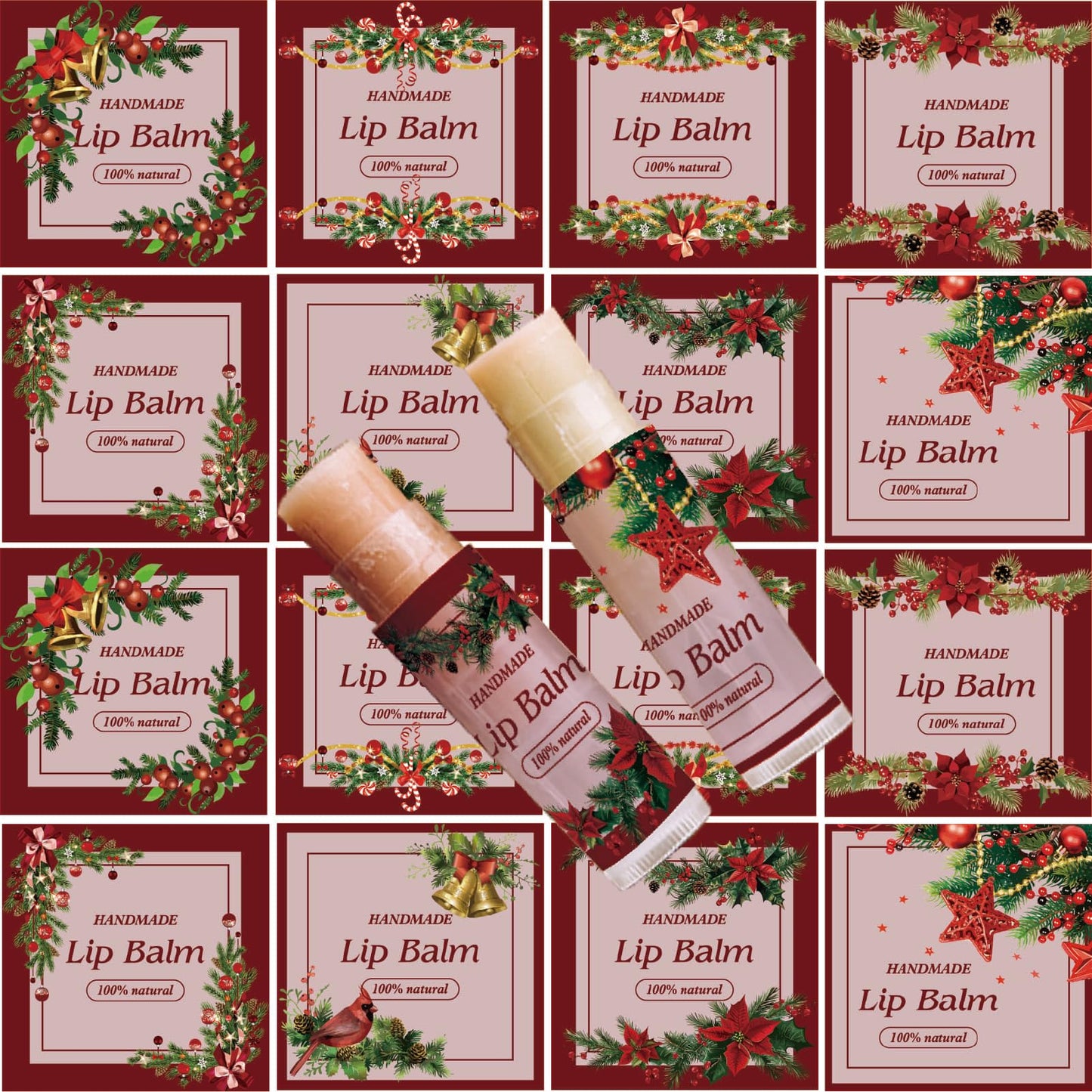 CRASPIRE 80Pcs 8 Styles Christmas Lip Balm Sticker Red Flower Wreath Homemade Skincare Products Self-Adhesive Waterproof Lip Balm Labels Stickers Beauty and Personal Care CRASPIRE