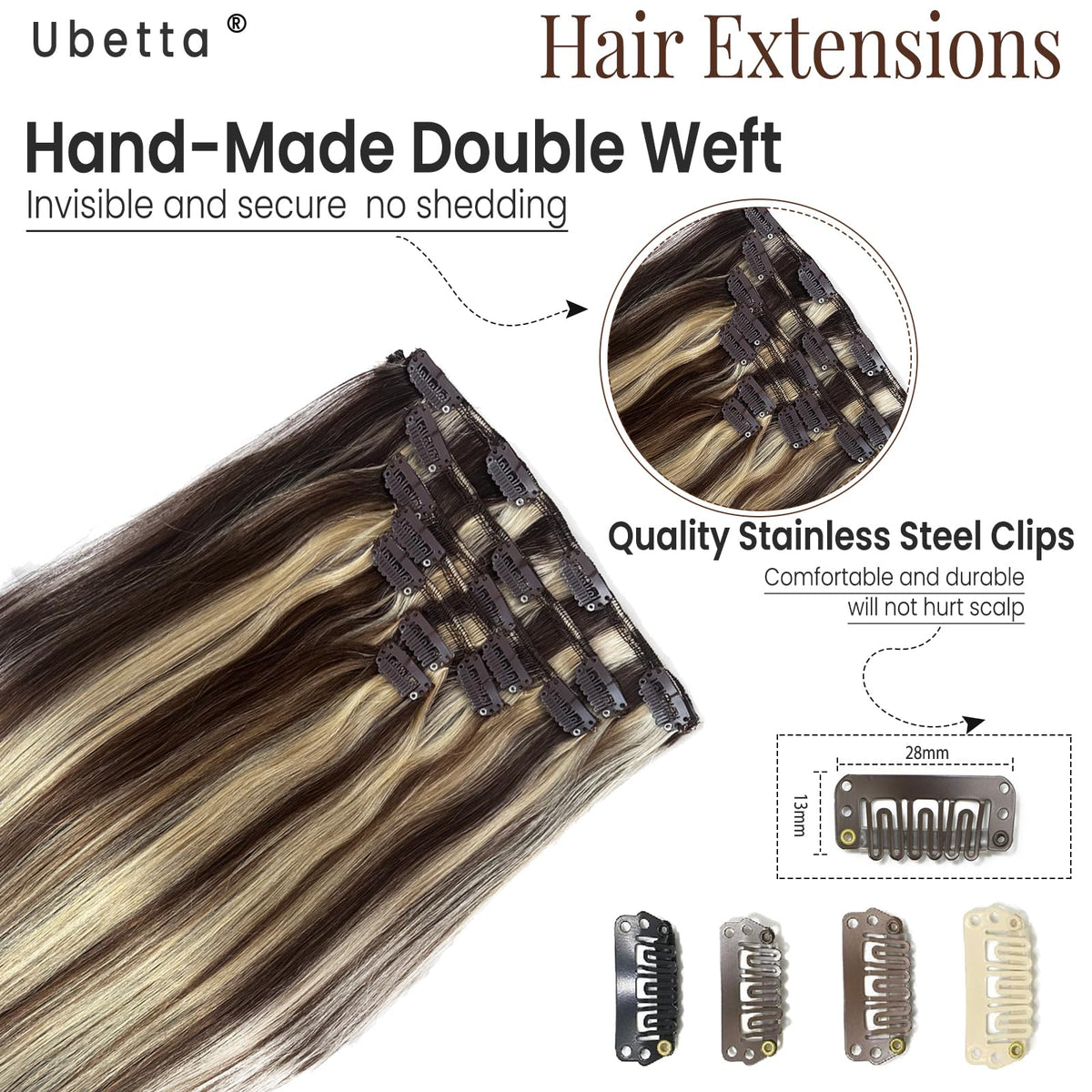 Clip in Hair Extensions Real Human Hair, Chocolate Brown and Blonde Highlights Real Hair Extensions Clip in Human Hair 22 Inch 7 Pieces Double Weft