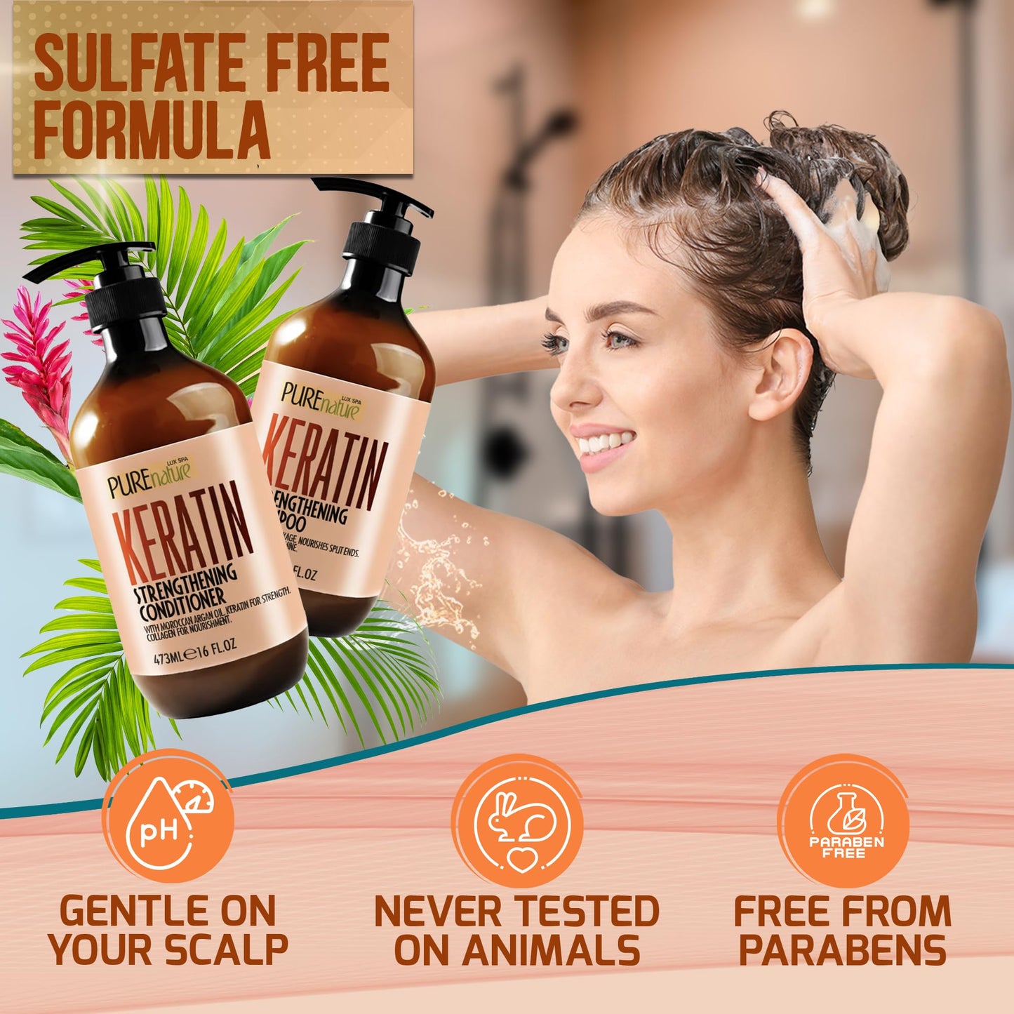 Keratin Shampoo and Conditioner Set - Sulfate and Paraben Free Treatment for Dry Hair - Anti Frizz, Collagen Enriched Formula for Curly or Damaged Beauty & Personal Care PURE NATURE LUX SPA