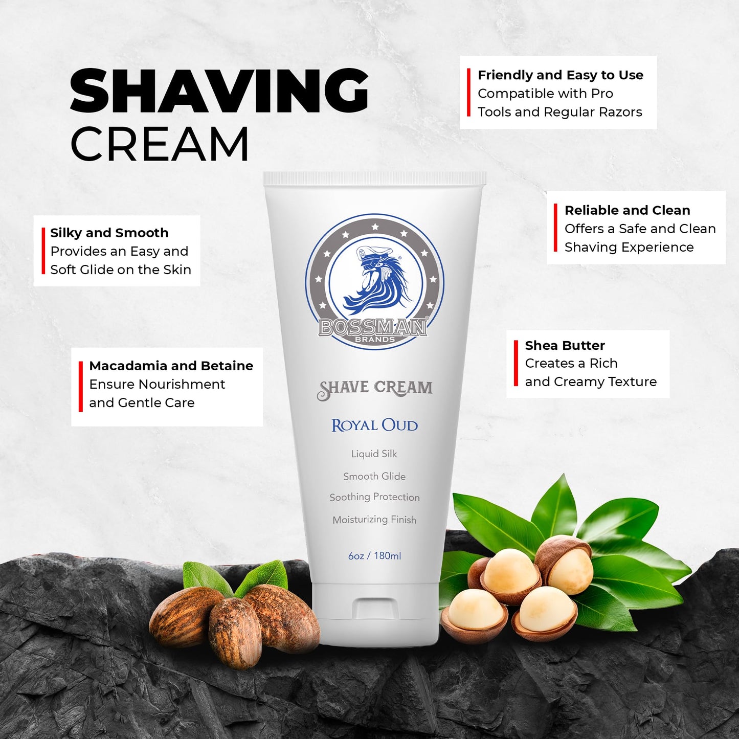Bossman Liquid Silk Shave Cream for Men - Sensitive Skin Formula, Smooth Glide, & Soothing Protection - Moisturizing Finish (Royal Oud Scent) Beauty and Personal Care Bossman