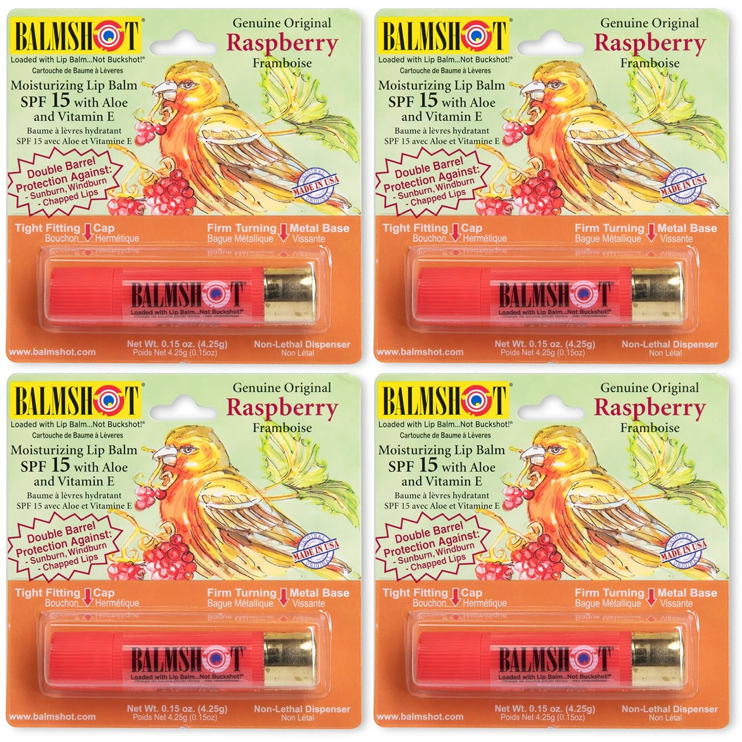 BALMSHOT Raspberry Lip Balm SPF 15 (4-Pack) - Beeswax Chapstick for Dry Chapped Lips, 20-Gauge Brass Shotgun Shell Tube, Heat Resistant, Long Lasting Beauty & Personal Care Balmshot