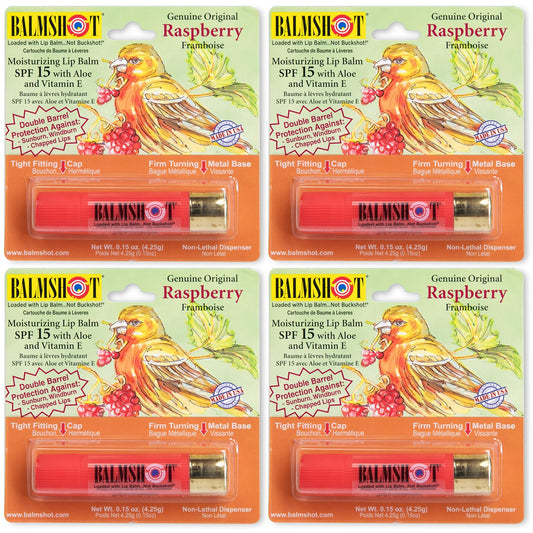 BALMSHOT Raspberry Lip Balm SPF 15 (4-Pack) - Beeswax Chapstick for Dry Chapped Lips, 20-Gauge Brass Shotgun Shell Tube, Heat Resistant, Long Lasting Beauty & Personal Care Balmshot