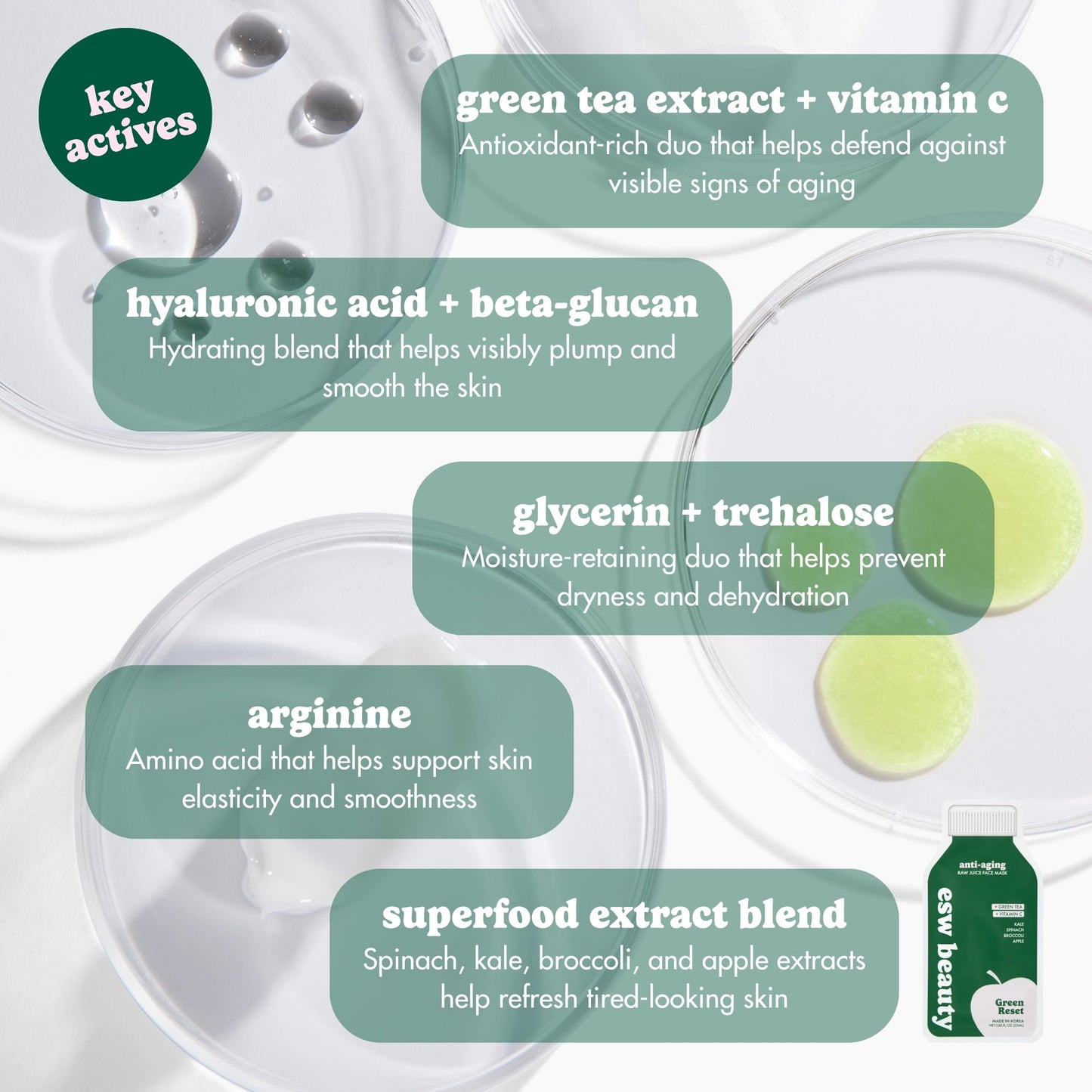 ESW Beauty Green Reset Anti-Aging Korean Face Mask - Vitamin C, Hyaluronic Acid & Kale for Collagen Support, Smooth Skin & Hydration - Skincare Gifts Beauty & Personal Care ESW Beauty