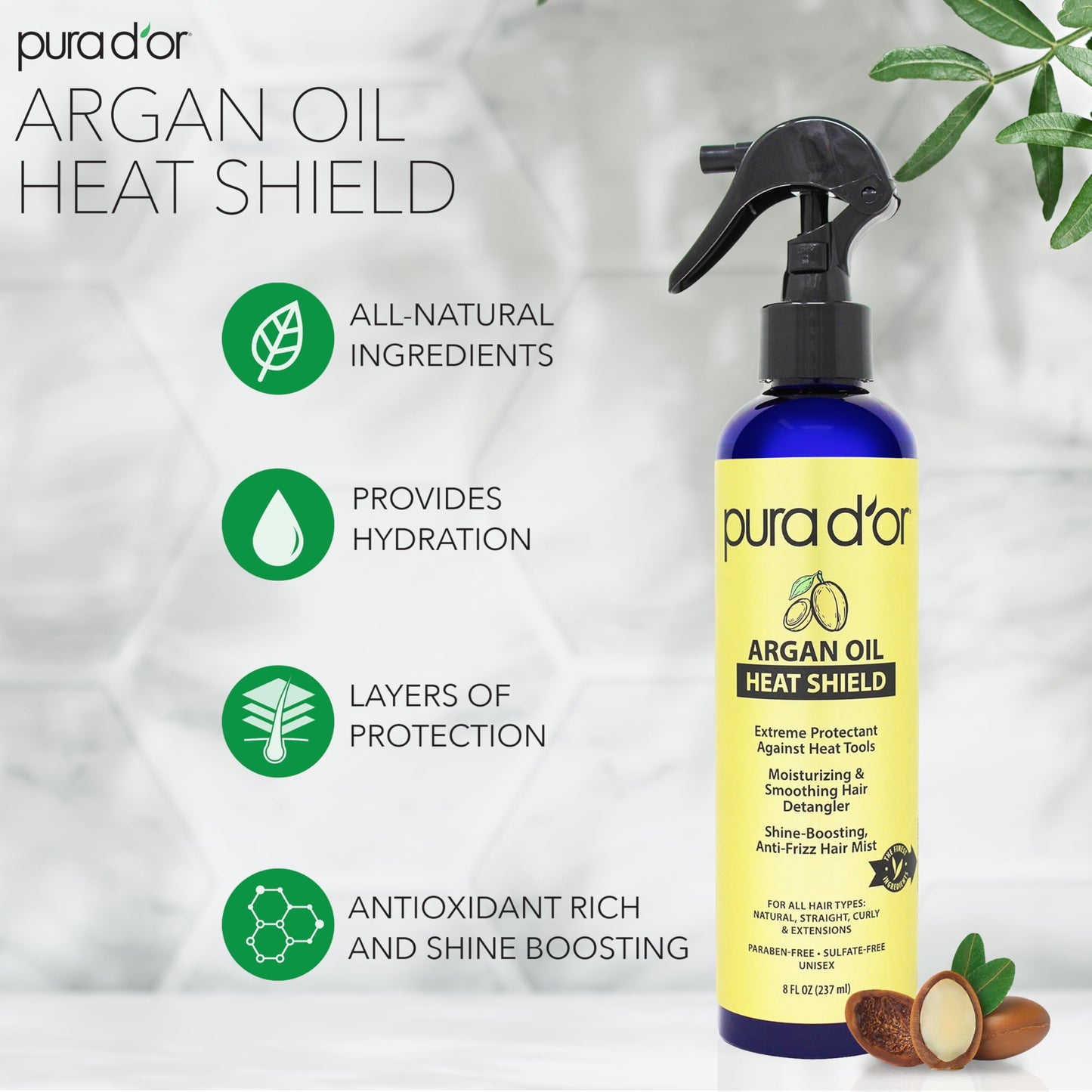 PURA D'OR 8 Oz Argan Oil Heat Shield Protectant Spray with Select Organic Ingredients, Protects Up To 450º F From Flat Iron & Hot Blow Dry, Leave-In Beauty & Personal Care PURA D'OR