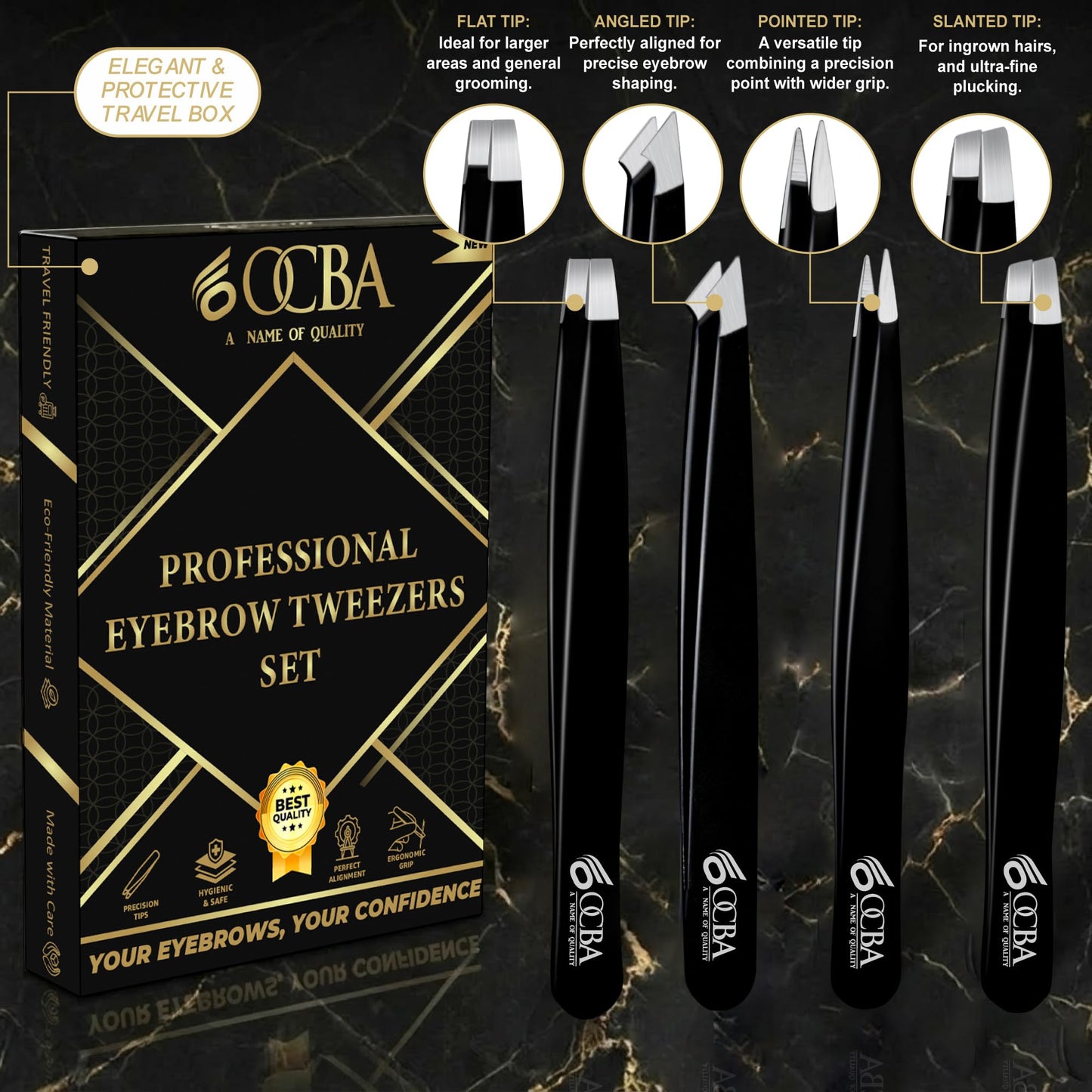 OCBA 4 Pcs Tweezers for Facial Hair Women & Men for Precise Grooming of Eyebrows - Professional Stainless Steel Black Color Coated Eyebrow Tweezers Beauty and Personal Care OCBA