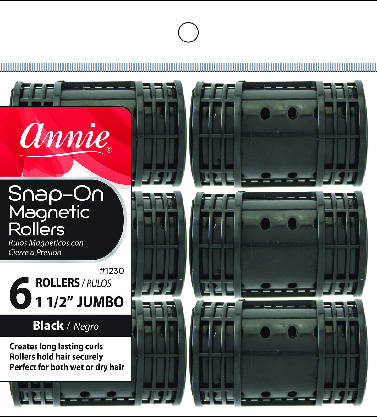 Annie Snap-On Magnetic Hair Rollers - Jumbo 1 1/2 Inch with Locking Snap-Over Hood - Secure Hold No Pins Needed - Black, 6 Count