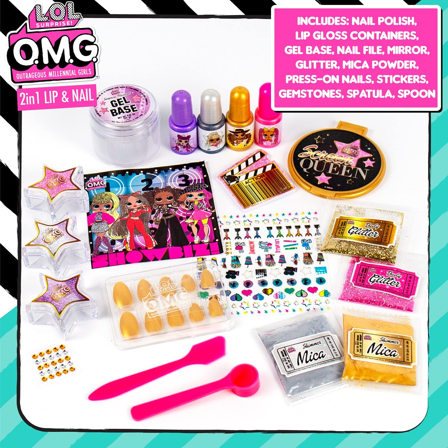 L.O.L. Surprise! O.M.G. 2-in-1 Lip & Nail Studio by Horizon Group USA, Double Feature Series, DIY Beauty Kit for Kids, Create 3 L.O.L. Surprise Lip Beauty & Personal Care L.O.L. Surprise!