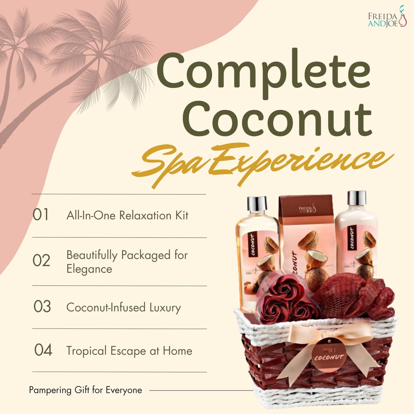 Coconut Spa with Wicker Gift Basket Bath & Body Set, Pink & Brown Beauty and Personal Care Freida and Joe