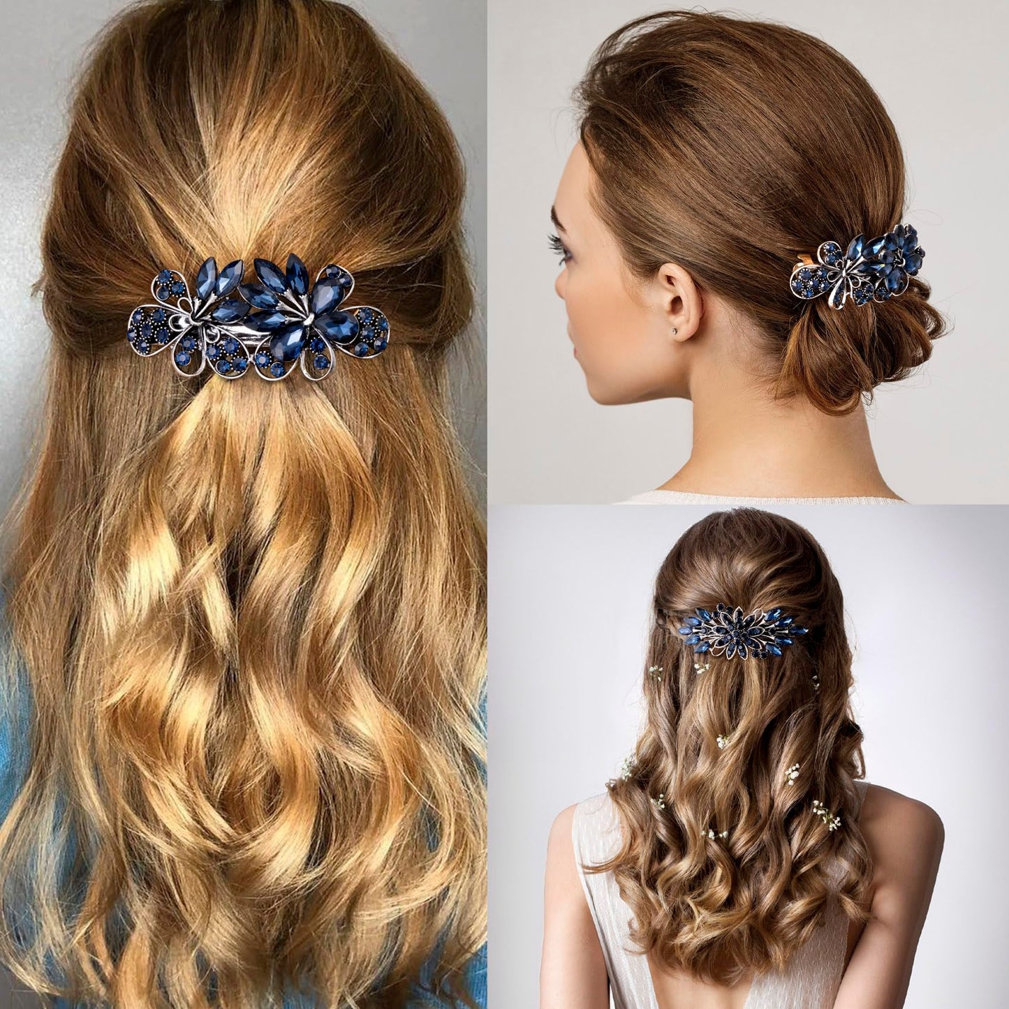 CustomyLife 2pcs 3.35inch Vintage Crystal Hair Barrettes, Sapphire Blue Bun Updo Hair Clips, Sparkly Rhinestone French Wedding Prom Formal Hair Beauty & Personal Care CustomyLife