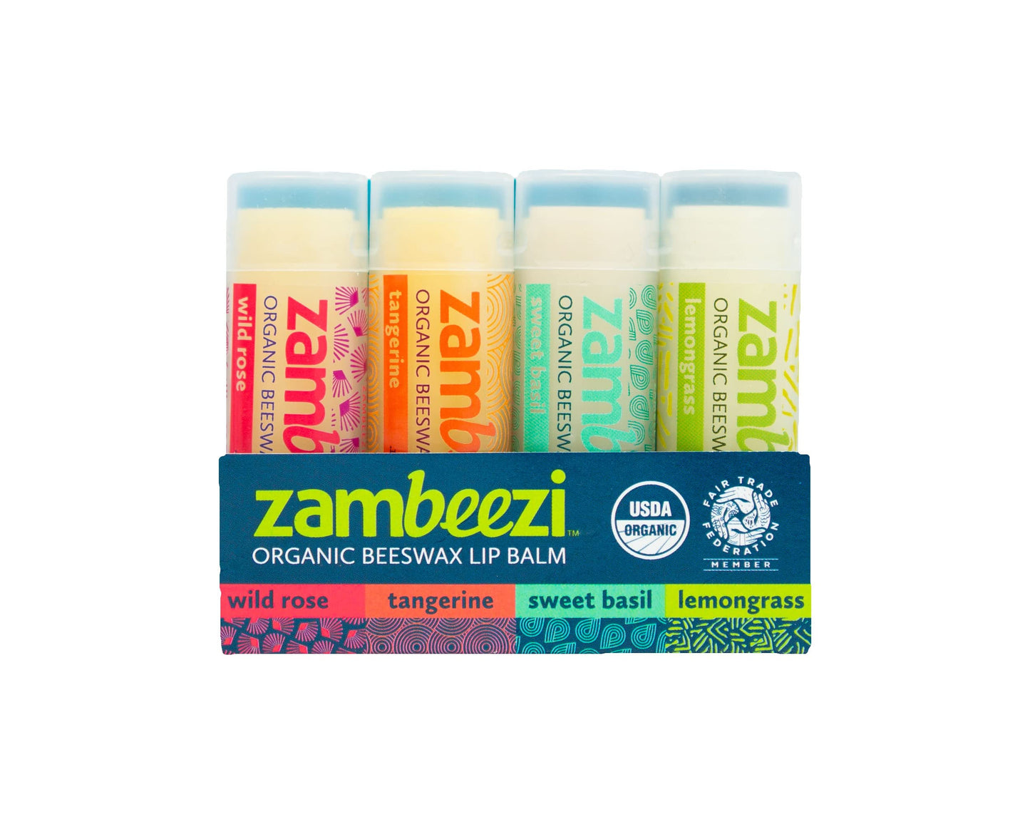 Zambeezi Fair Trade, Organic Beeswax Lip Balm - CORE 4 Pack (Wild Rose, Tangerine, Sweet Basil and Lemongrass) - Ethically Sourced Beauty & Personal Care Zambeezi
