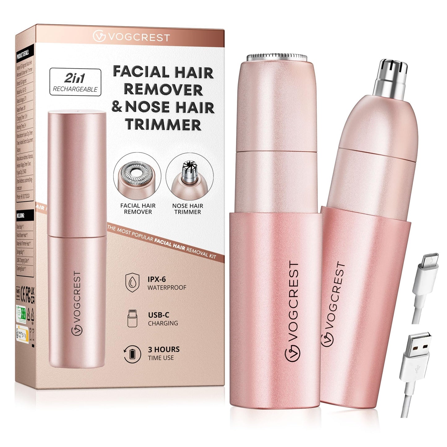 VG VOGCREST Nose Trimmer for Women: 2 in 1 Rechargeable Facial Hair Removal - Portable Mini Face Shaver for Chin Lip Peach Fuzz Ideal for Travel Use Beauty and Personal Care VG VOGCREST