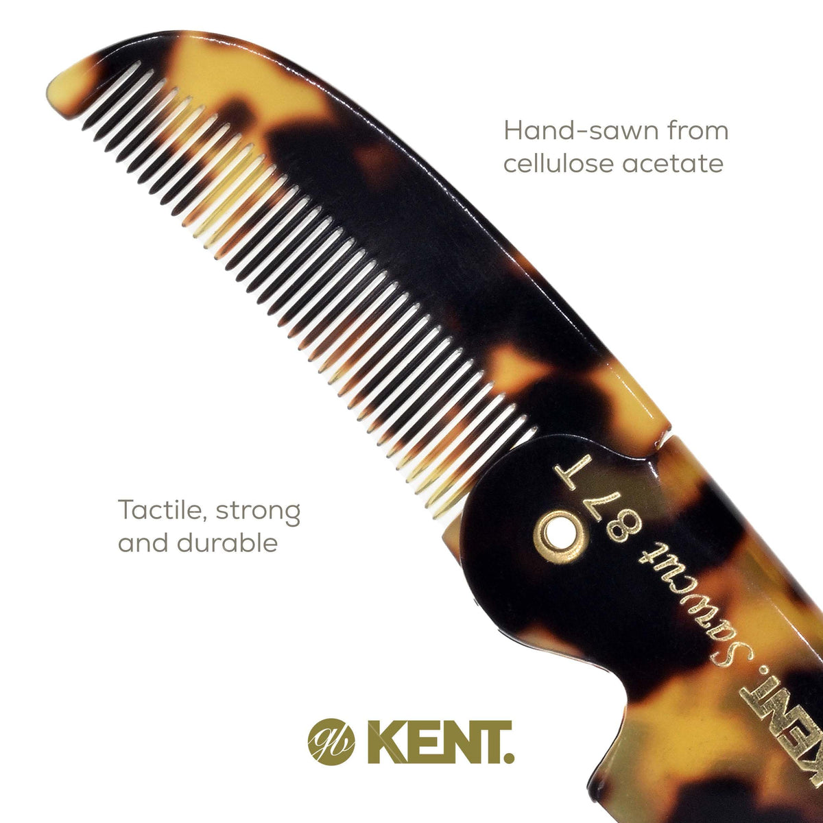 Kent 87T TY Handmade Folding Pocket Comb for Men, Fine Tooth Hair Comb Straightener for Everyday Grooming Styling Hair, Beard or Mustache, Use Dry or