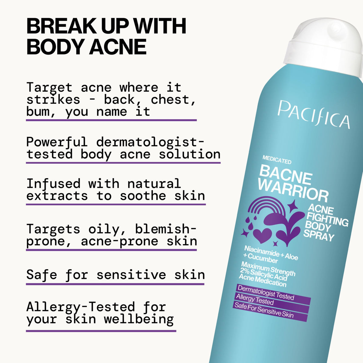 Pacifica Bacne Warrior - Bacne Salicylic Acid Spray, Back Acne Treatment Spray with 2% Salicylic Acid, Niacinamide, and Aloe, Body Acne Warrior Beauty & Personal Care Pacifica