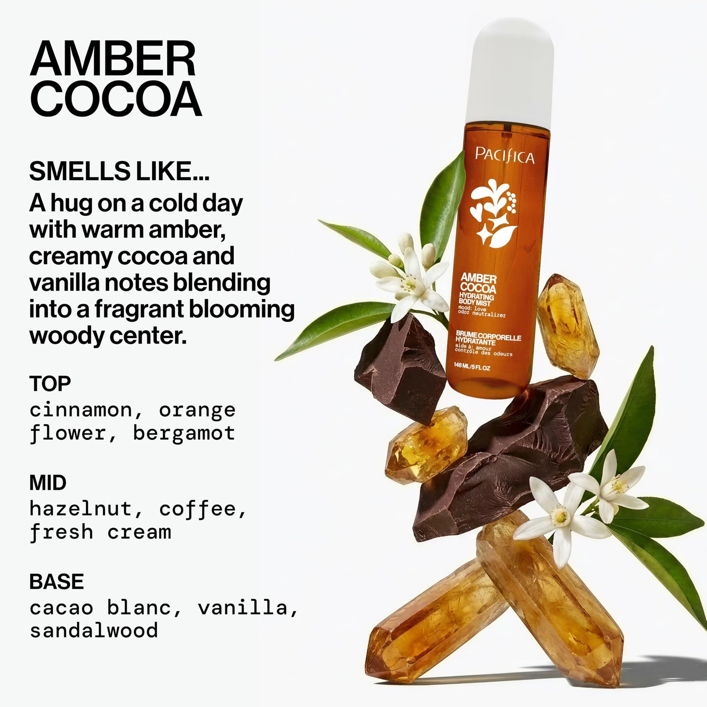 Pacifica Amber Cocoa Gourmand Body Mist for Women - Warm Vanilla Coffee Cocoa Fragrance Spray, Hydrating, Odor Neutralizing, Vegan & Cruelty-Free Beauty & Personal Care Pacifica