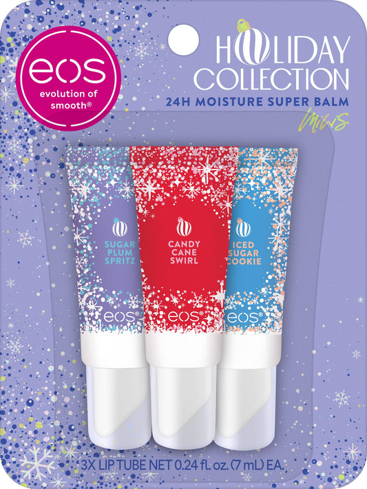 eos Holiday 24H Moisture Mini Super Balm Set, Sugar Plum Spritz, Candy Cane Swirl, Iced Sugar Cookie, Limited Edition Lip Care, Stocking Stuffers Beauty and Personal Care eos