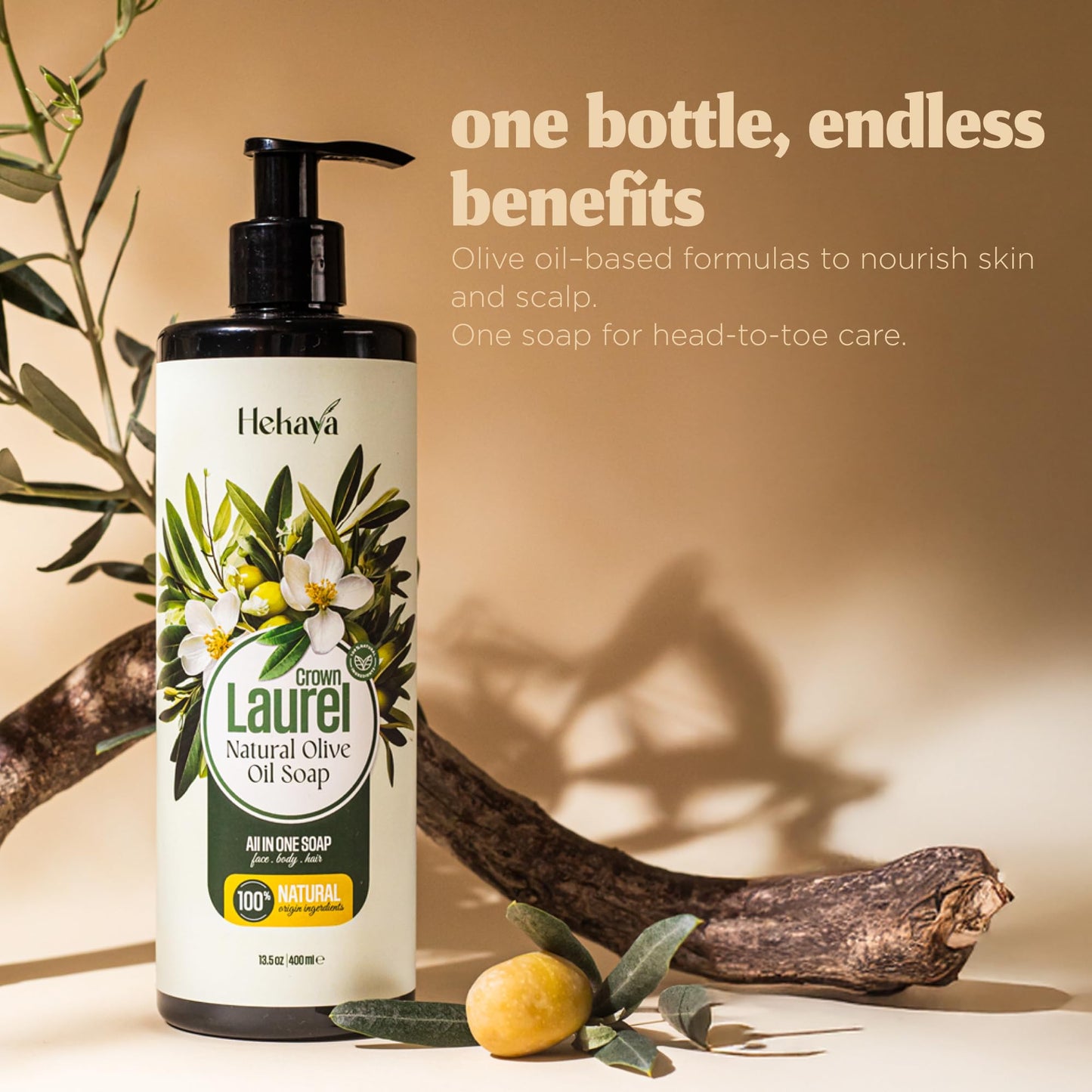 Hekaya Natural Olive Oil Liquid Soap - Laurel Scent | Handmade, Vegan, Sulfate & Paraben Free | Face, Body & Hand Wash | Moisturizing Castile Soap | Beauty & Personal Care Hekaya