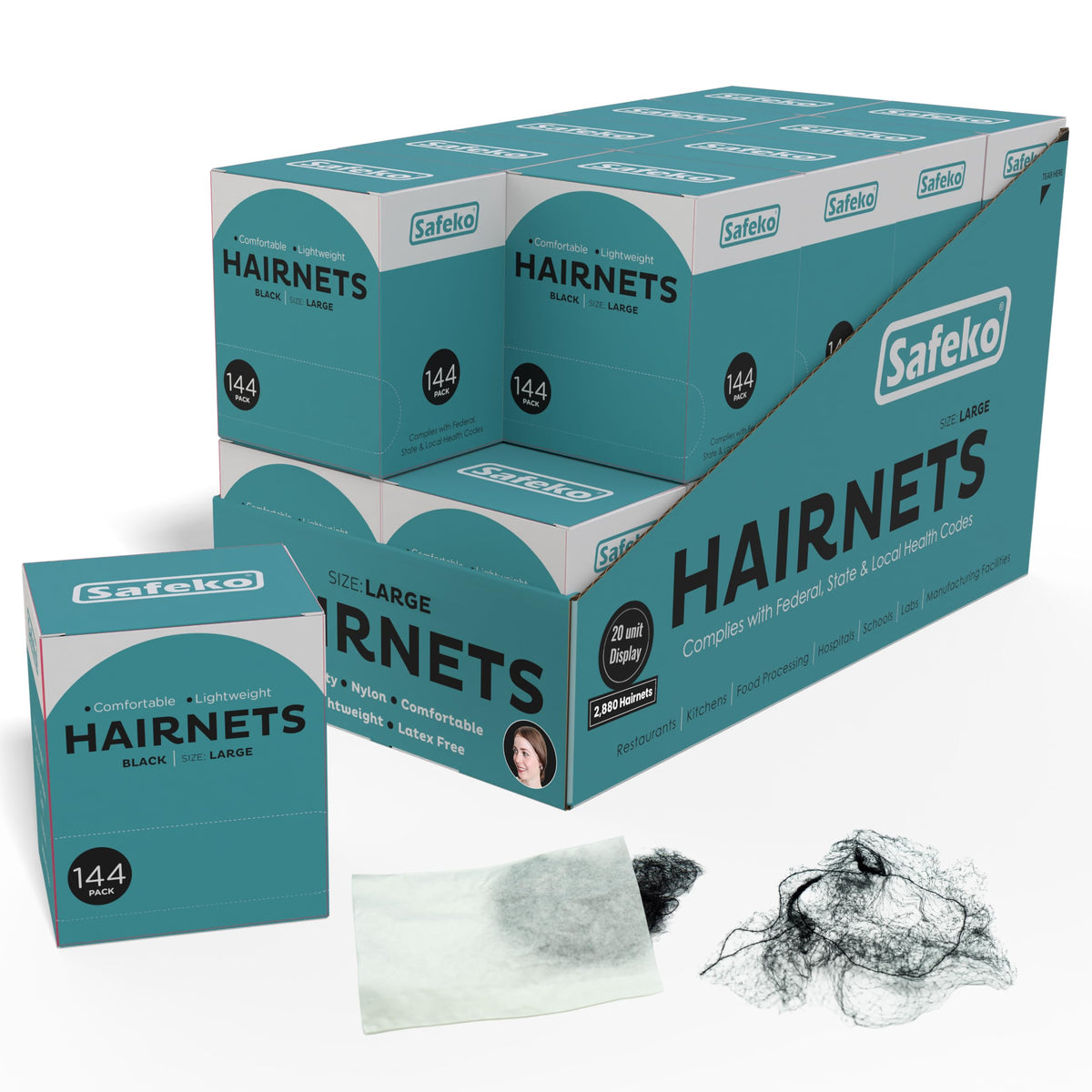 SAFEKO Hair Nets 144 PCS, Individually Wrapped, Lightweight Nylon Hairnets, Latex-Free | Black, Large (24")