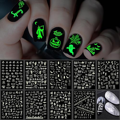 TailaiMei 9 Sheets Halloween Nail Stickers Glow in The Dark, Fluorescent Design Nail Decals, Self-Adhesive DIY Nail Art Tips for Women Manicure Beauty & Personal Care TailaiMei