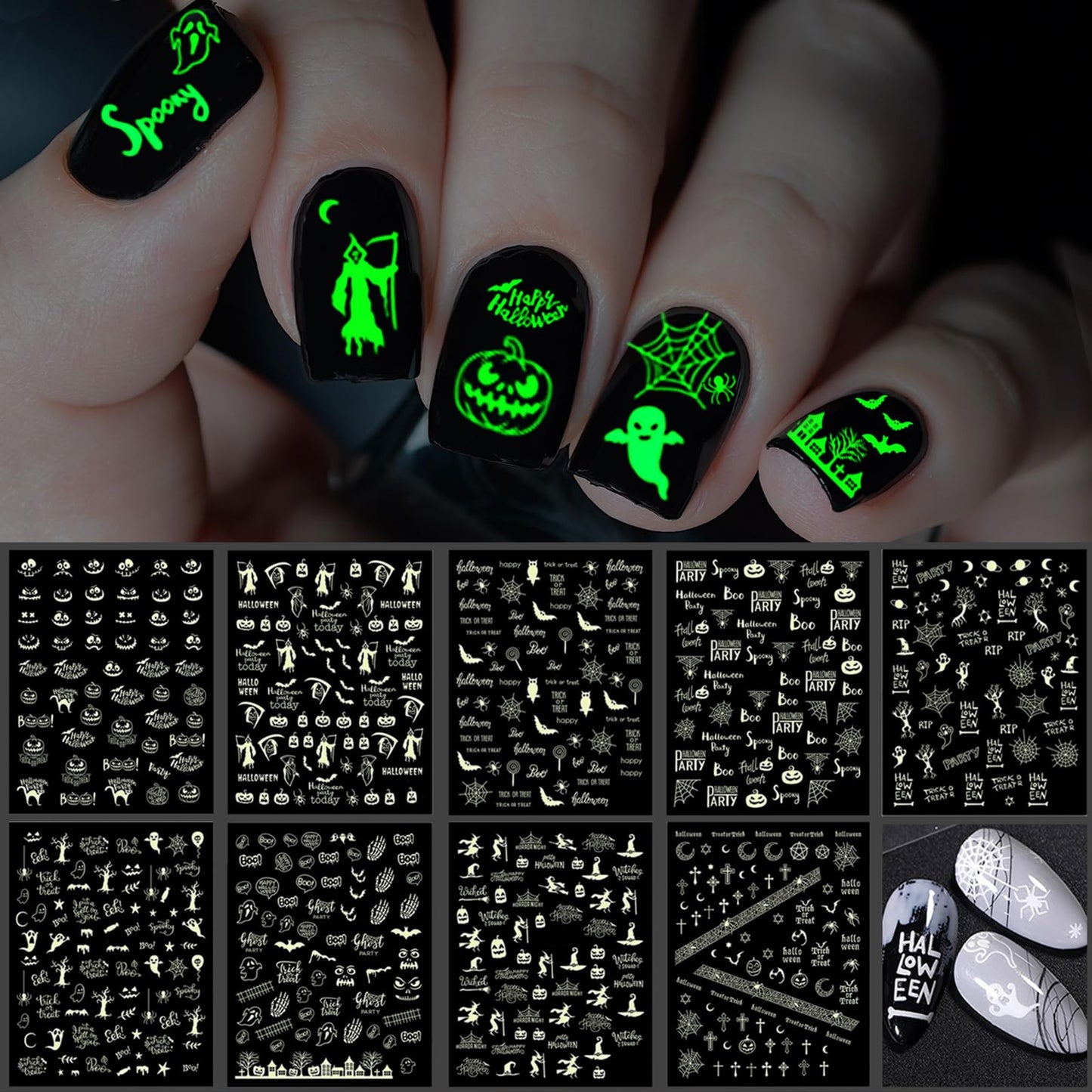 TailaiMei 9 Sheets Halloween Nail Stickers Glow in The Dark, Fluorescent Design Nail Decals, Self-Adhesive DIY Nail Art Tips for Women Manicure Beauty & Personal Care TailaiMei