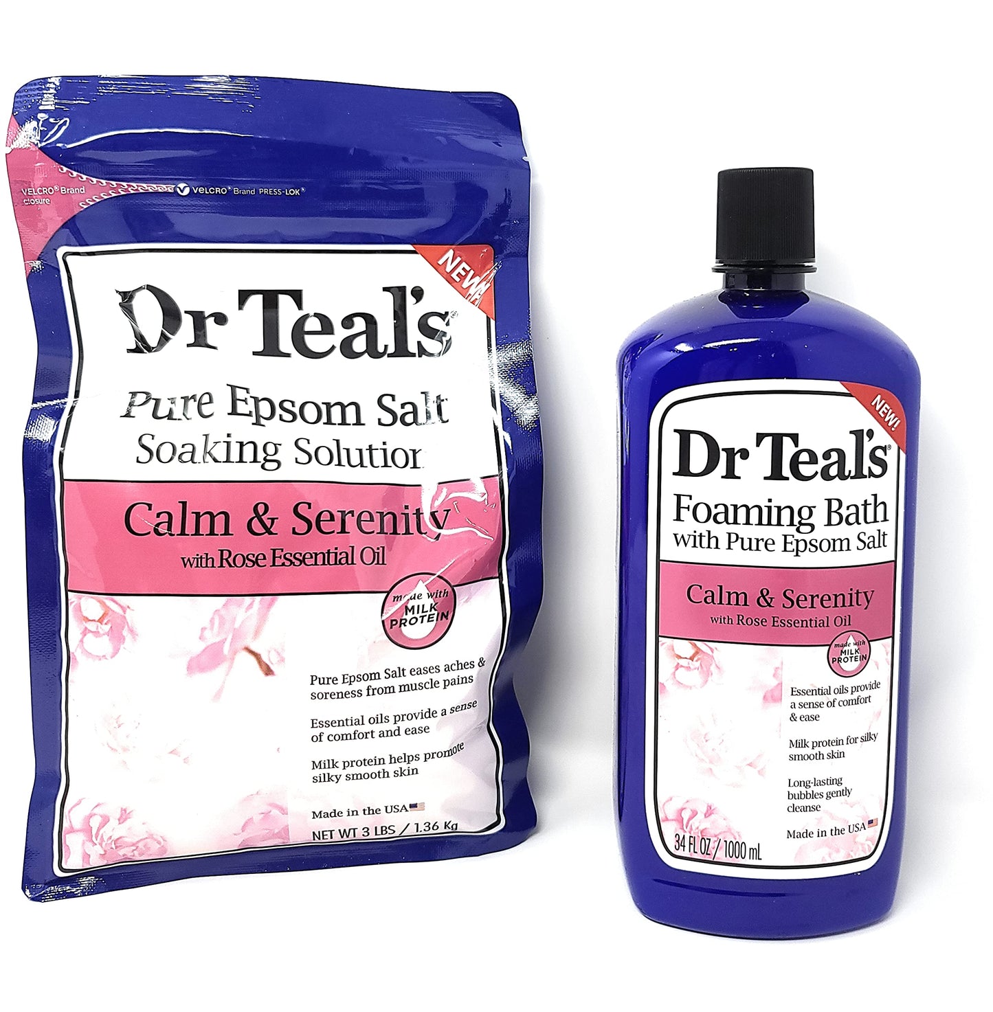 Bundle of Dr Teals Calm & Serenity with Rose Essential Oil (Made with Milk Protein): Pure Epsom Salt Soaking Solution 3 LBS & Foaming Bath 34 FL OZ Beauty and Personal Care Dr.Teal's