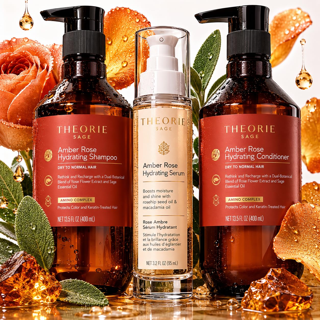 THEORIE Botanical Hair Care Ritual Set, Shampoo, Conditioner & Hair Serum Trio, 3 Piece Hair Care Set for All Hair Types (Amber Rose Hydrating) Beauty & Personal Care Theorie