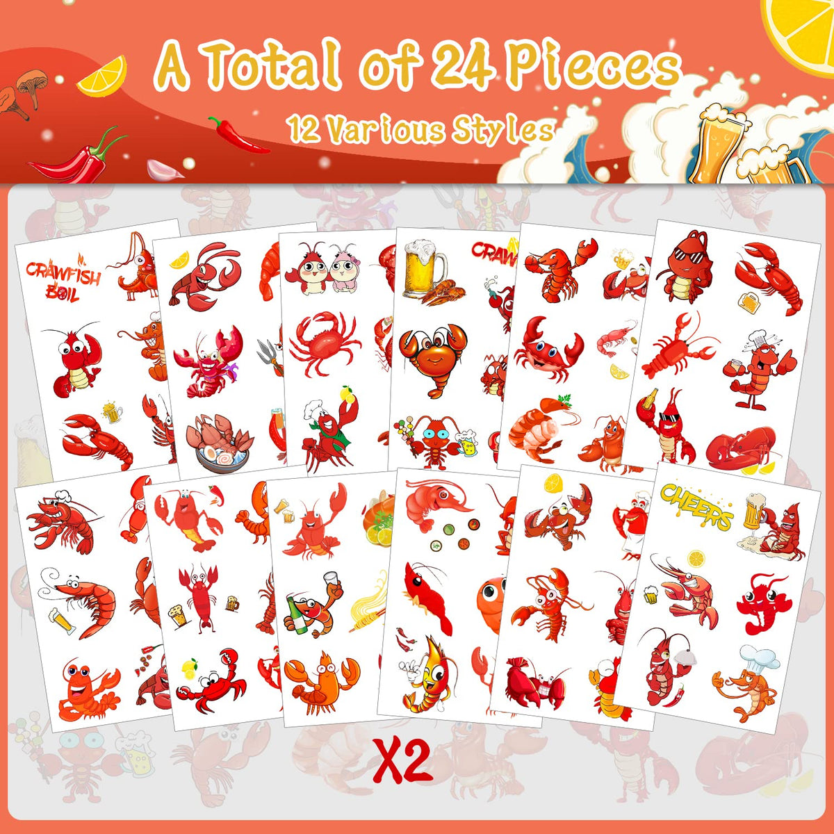 Crawfish Party Favor 24Sheets(144PCS) Crawfish Temporary Tattoosfor Crawfish Boil Party Supplies Lobster Party Decorations, Summer Picnic, Baby Shower