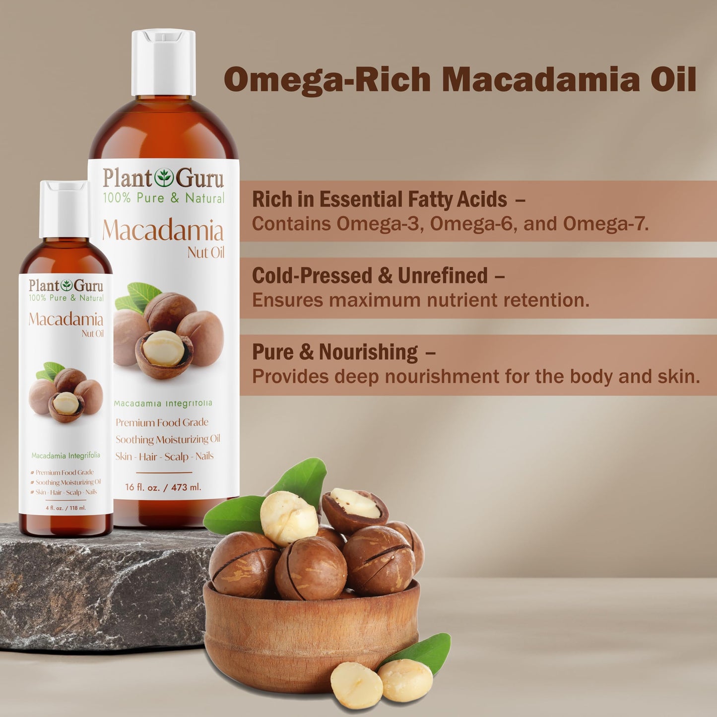 Plant Guru Macadamia Nut Oil 8 fl. oz. Cold Pressed 100% Pure Natural Carrier - Skin, Face, Body, and Hair Moisturizer. Ideal for DIY Creams, Lotions Beauty & Personal Care Plant Guru