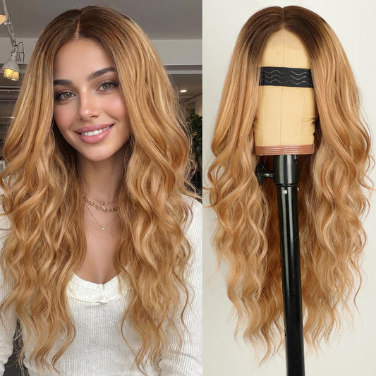 AISI HAIR Dark Root Honey Blonde Wavy Wig with Soft Pink Ends for Women, Long Wavy Lace Hairline Middle Part Synthetic Heat Resistant Wig for Daily Beauty and Personal Care AISI HAIR Default Title