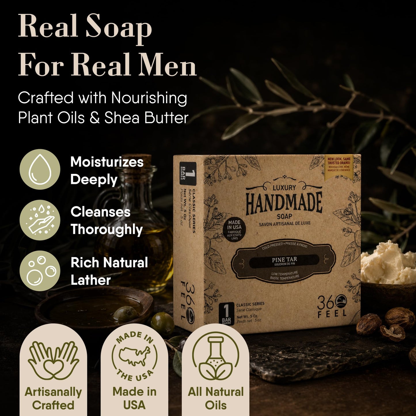 360Feel Pine Tar Bar Soap - Made in The USA - Castile Handmade, All-Natural, Cold-Processed - Infused with Pine Tar for Relaxation & Calm - Rich Beauty & Personal Care 360Feel