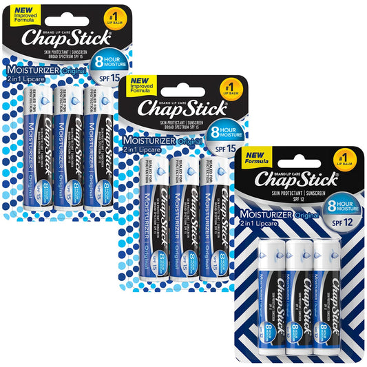 ChapStick Moisturizer 2-in-1 Lipcare 9-Pack (3 SPF 12, 6 SPF 15) - Original Lip Balm with Broad Spectrum SPF, Aloe & Vitamin E, 0.15 Ea Beauty and Personal Care ChapStick