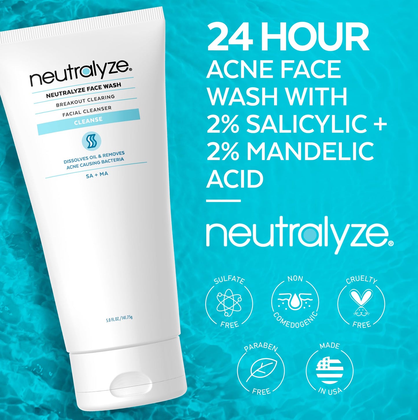 Neutralyze Acne Wash for Face with 2% Mandelic Acid & 2% Salicylic Acid - Professional Grade, A.H.A. + B.H.A. Facial Cleanser for Acne Prone Skin (90+ Beauty & Personal Care Neutralyze