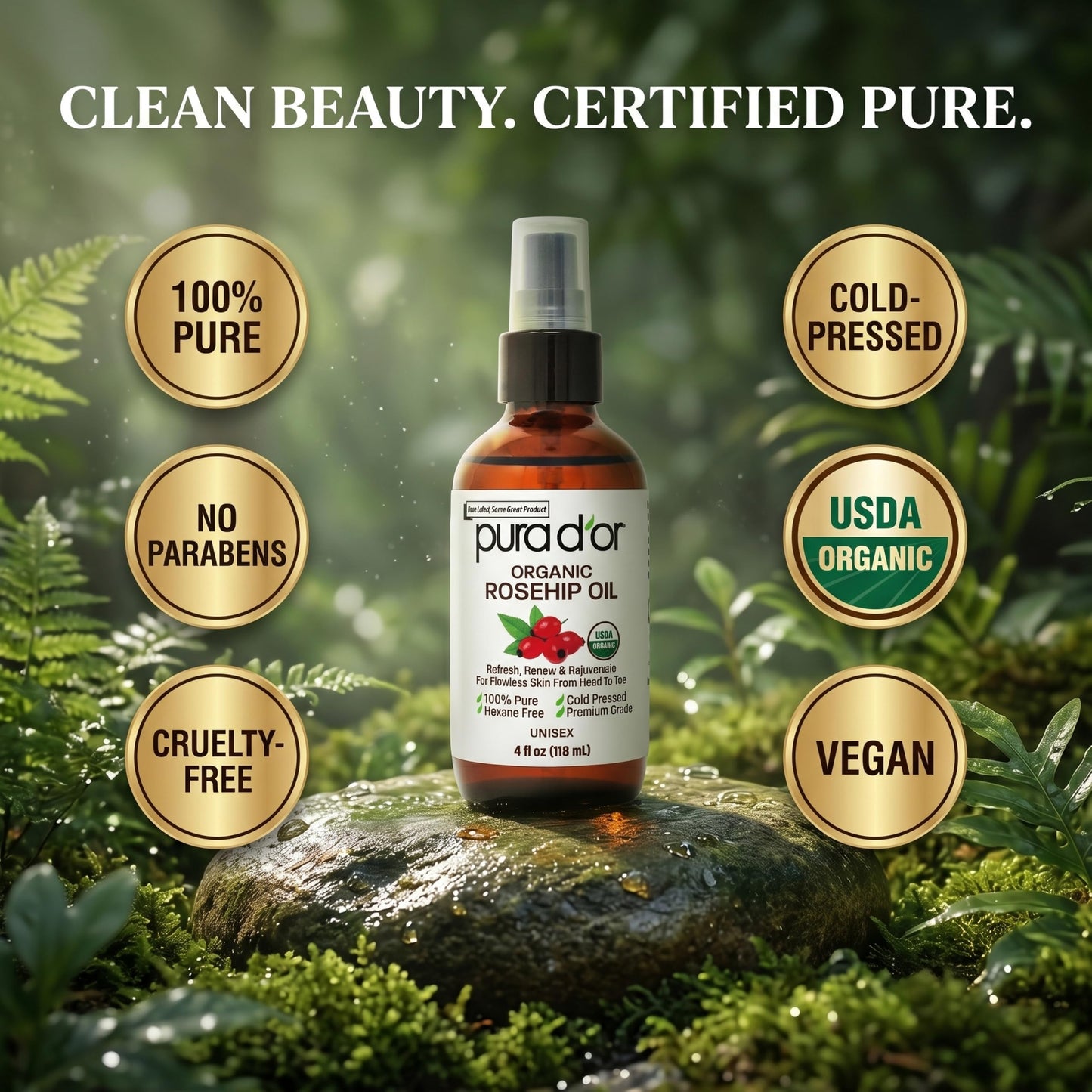 PURA D'OR ORGANIC Rosehip Seed Oil 100% Pure Cold Pressed USDA Certified For Hair, Skin, Scalp, Anti Aging Face & Body - Hexane Free Glass Bottle - 4 Beauty and Personal Care PURA D'OR