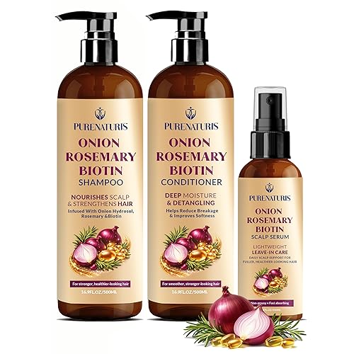 Onion Rosemary Biotin Hair Care Set - Sulfate Free Shampoo, Conditioner & Scalp Serum - Helps Strengthen Hair, Reduce Breakage & Support Fuller Beauty & Personal Care PureNaturis