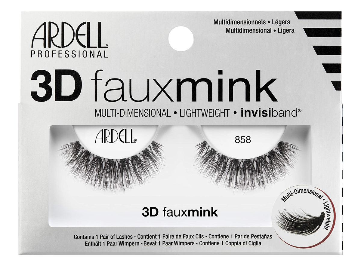 Ardell False Eyelashes 3D Faux Mink Lashes, 858 - Lightweight Reusable Strip Lashes with Invisiband, Ultra-Fluffy Volume for a Dramatic Eye Look, 4