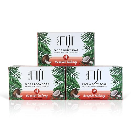 "Coco Fiji Soap Bar for Face and Body Infused With Organic Coconut Oil, Awapuhi Seaberry, Essential Oil, Natural Soap for Moisturizing & Pore Beauty & Personal Care Organic Fiji