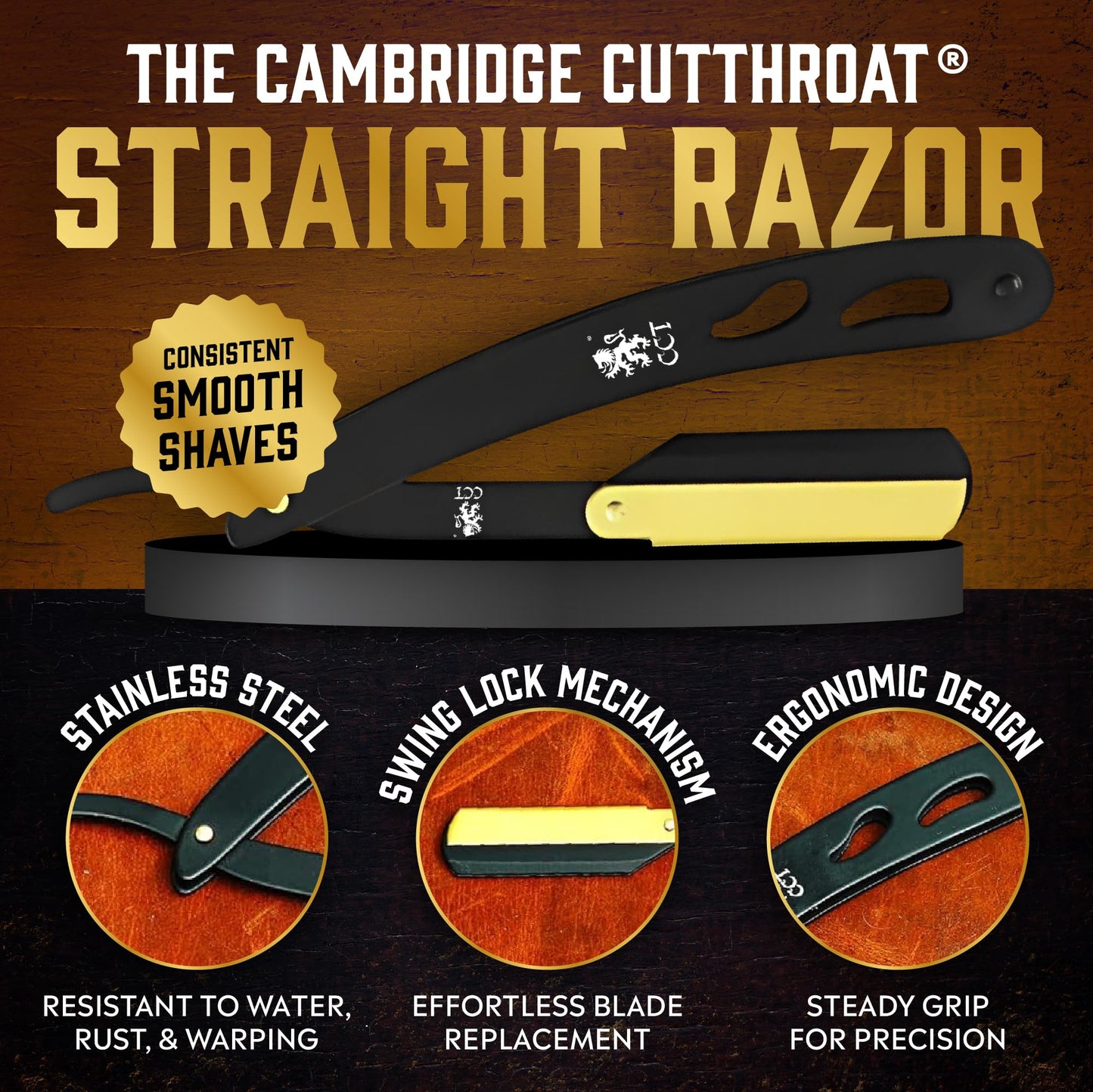 Cambridge Cutthroat Open Blade Razor for Men - Black & Gold Stainless Steel Handle, Swing-Lock Single Edge Cut Throat Razor with Leather Travel Pouch Beauty and Personal Care The Cambridge Cutthroat