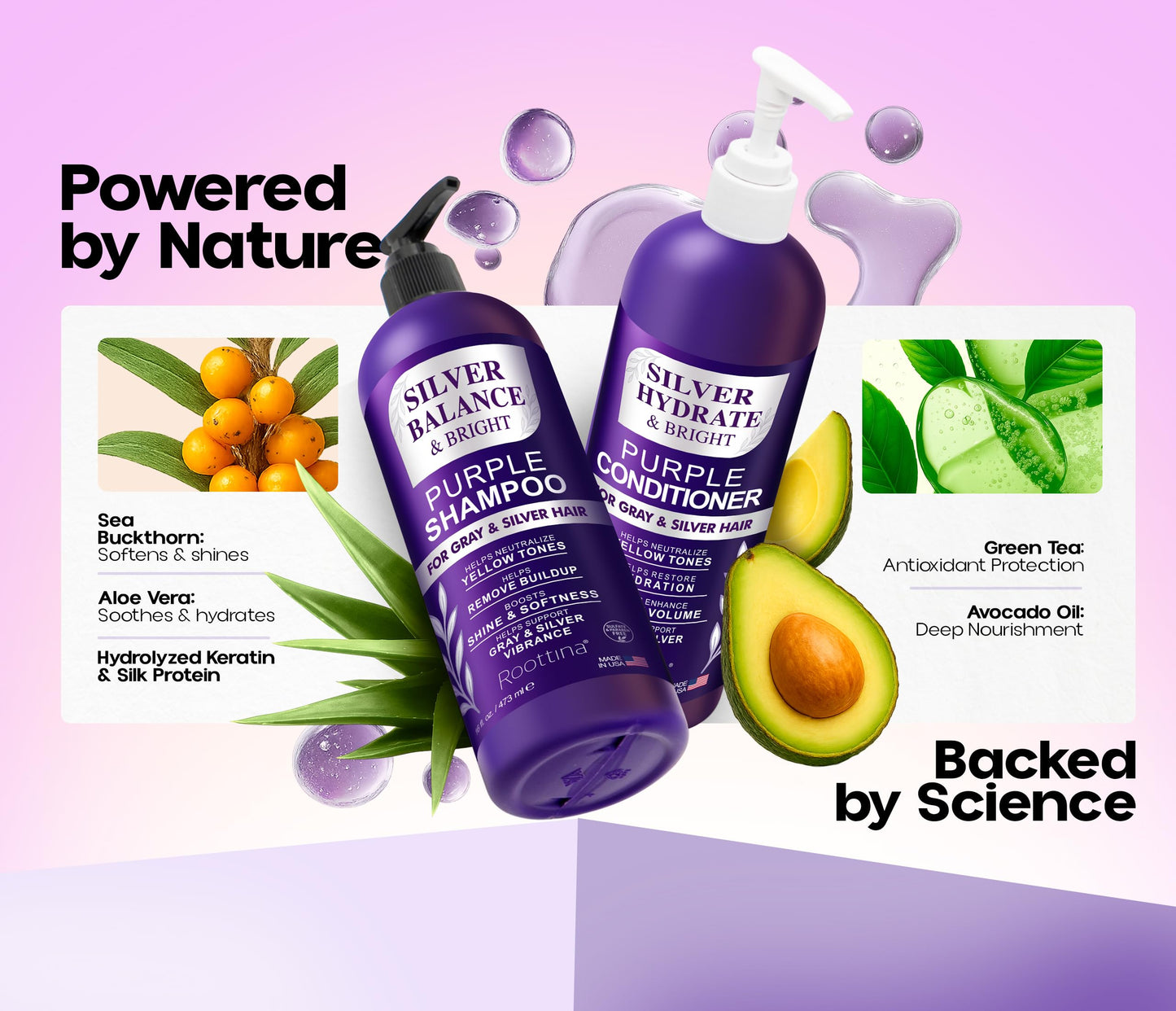 ROOTTINA Sulfate Free Brass Toning Purple Shampoo and Conditioner Set for Grey and Silver Hair, Moisturizing & Color-Safe, Enhances Shine Beauty & Personal Care Roottina
