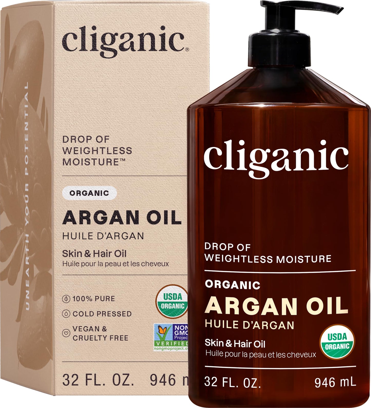 Cliganic Organic Argan Oil for Hair, Face & Skin (Bulk, 32oz with Pump) - 100% Pure, Cold Pressed Beauty & Personal Care Cliganic