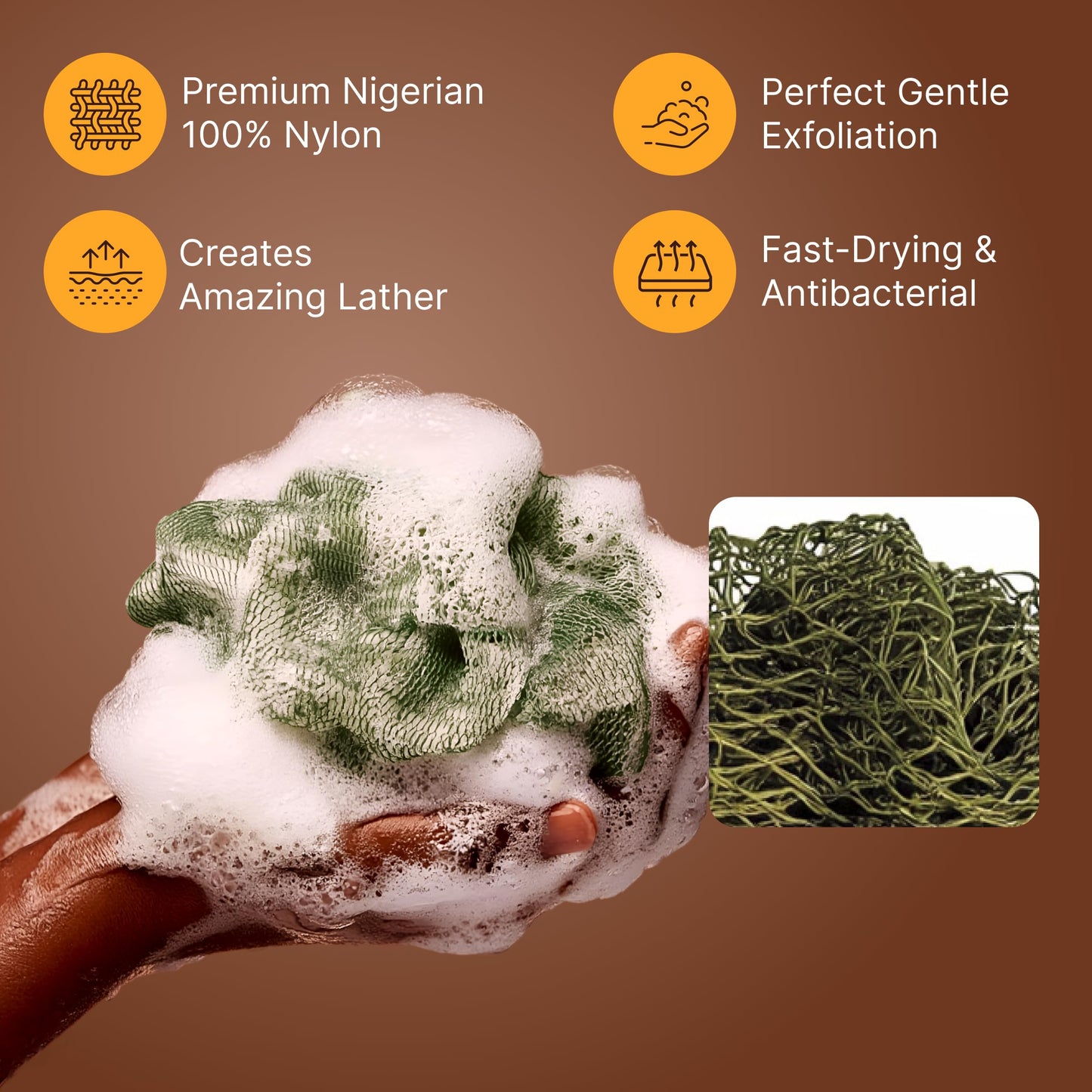 Nubiana African Net Sponge Authentic with Knots, 45 Inch Handwoven Nigerian Exfoliating Body Sponge with Handles, Quick-Drying Nylon Mesh Body Beauty and Personal Care Nubiana