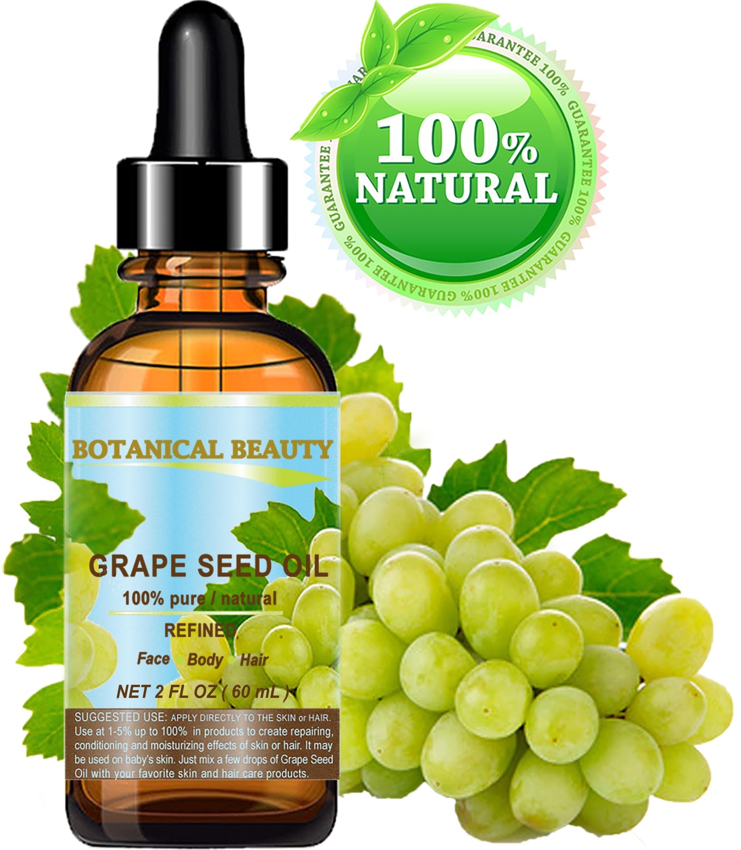 Botanical Beauty GRAPE SEED OIL 100% Pure Natural Undiluted Refined Cold Pressed Carrier Oil for Face, Skin, Body, Hair, Massage, Lip, Nails (2 Fl Oz Beauty & Personal Care Botanical Beauty