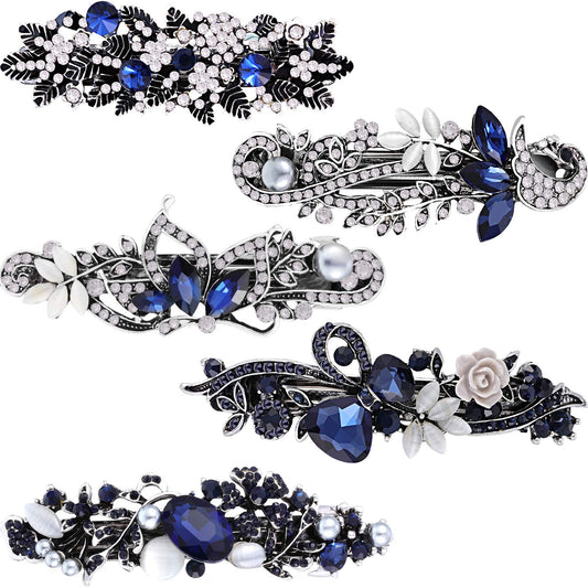 5 Pieces Crystal Rhinestones Hair Barrettes Large Flower Butterfly Pearl French Vintage Clip Wedding Navy Hair Jewelry for Thick long Hair Beauty & Personal Care Blulu