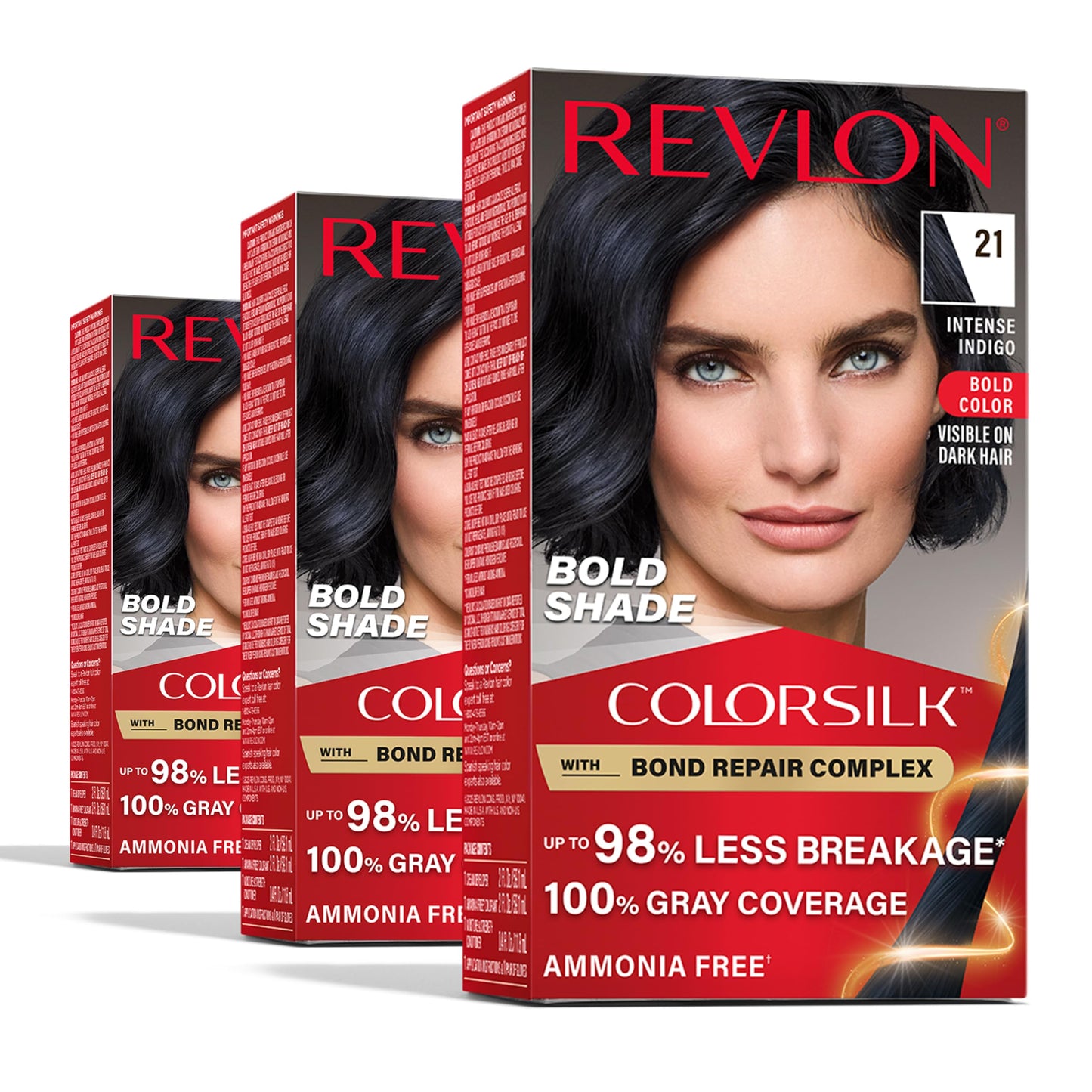 Revlon ColorSilk with Bond Repair Complex, Permanent Hair Color, 100% Gray Coverage, Ammonia Free Dye, Vegan Keratin, 21 Intense Indigo, 3 pack Beauty & Personal Care REVLON