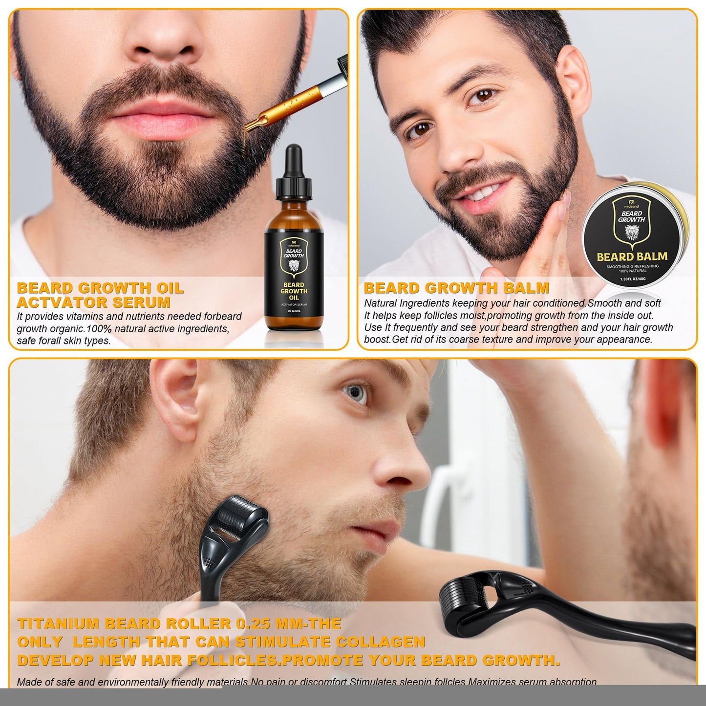 Beard Growth Kit - Beard Kit for Men, Beard Growth Oil (2oz), Beard Balm, Beard Comb, Massager for Spot/Patchy Beard - Christmas, Anniversary Beauty & Personal Care Mideand