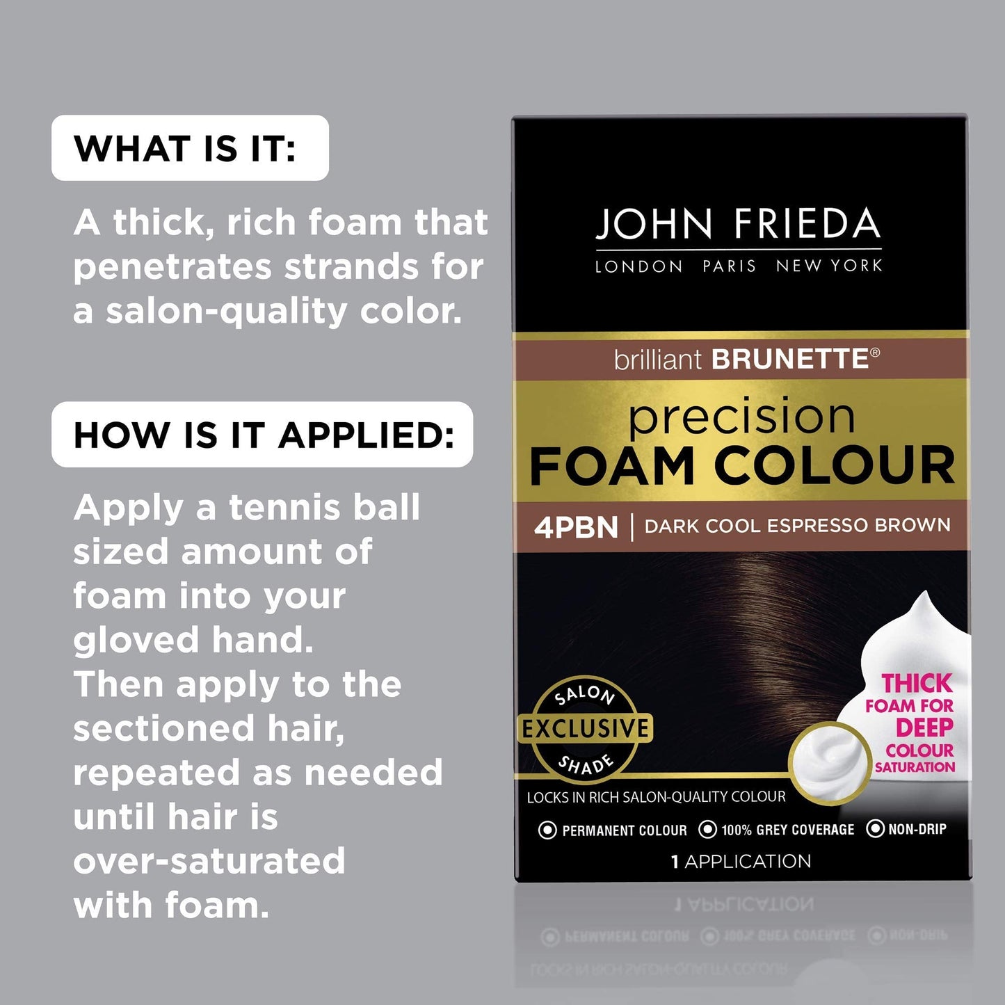 John Frieda Precision Foam Colour, Dark Cool Espresso Brown, Full-Coverage Hair Color Kit, Anti-Fade Gray Coverage, Deep Color Saturation Hair Dye, 1 Beauty & Personal Care John Frieda