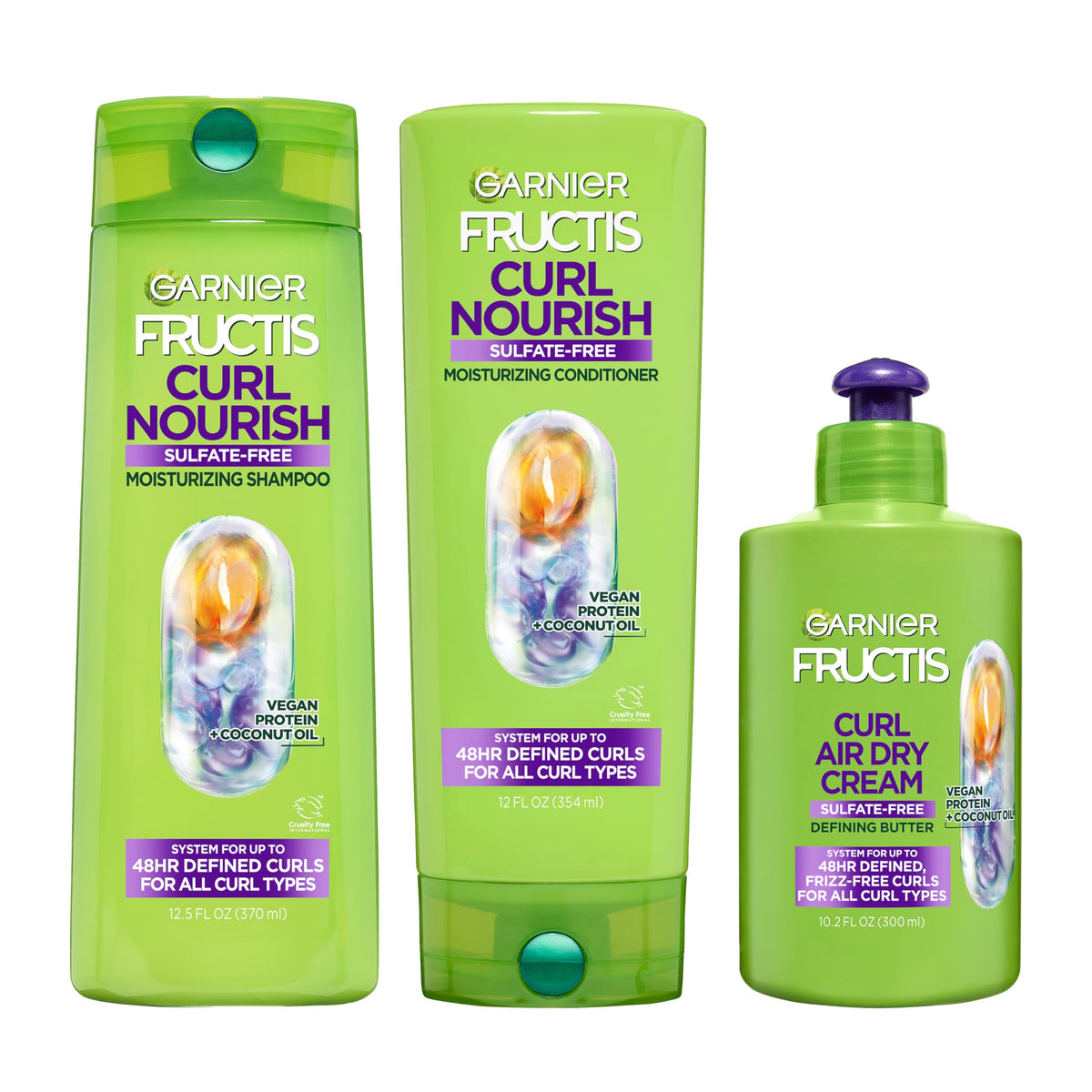 Garnier Fructis Curl Nourish Moisturizing Shampoo & Conditioner Set for Curly Hair with Air Dry Cream, Up to 48 Hours of Curl Definition, Sulfate Free